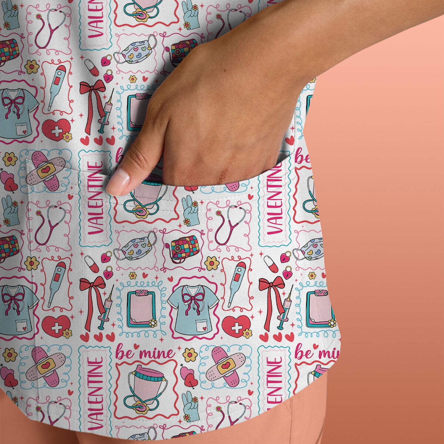 Valentine Medical Hearts Bandages Syringes Scrub Top, Comfortable Scrubs for Nurses