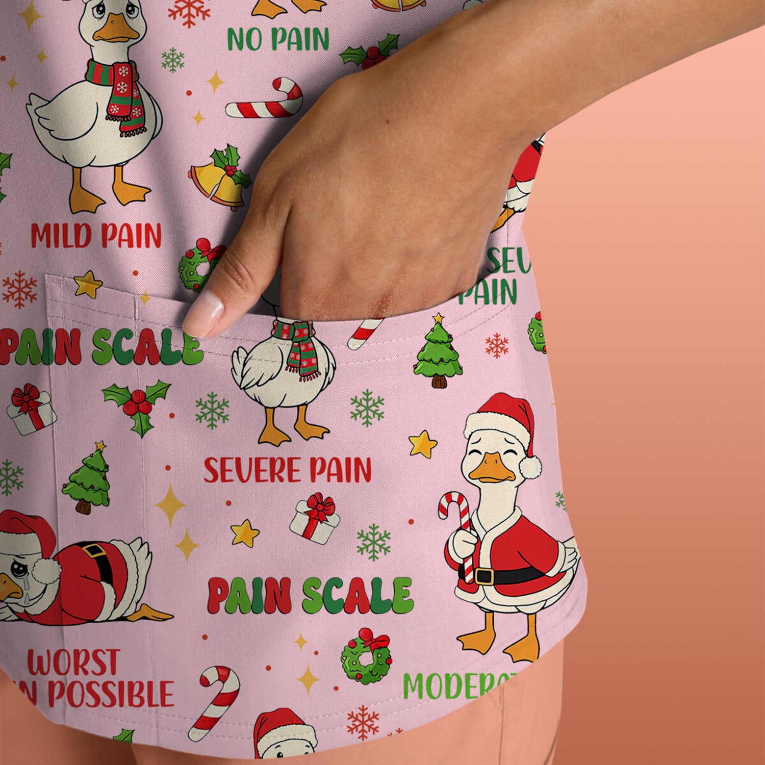 Funny Goose Christmas Scrub Top - Pain Scale Nurse Pattern Shirt - Cute Holiday Medical Scrubs for Women