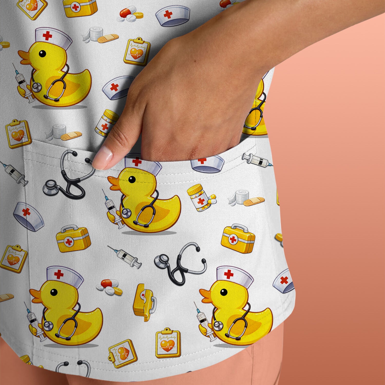 Playful Medical Duck Print Nurse Scrub Top, Comfortable Scrubs for Nurses