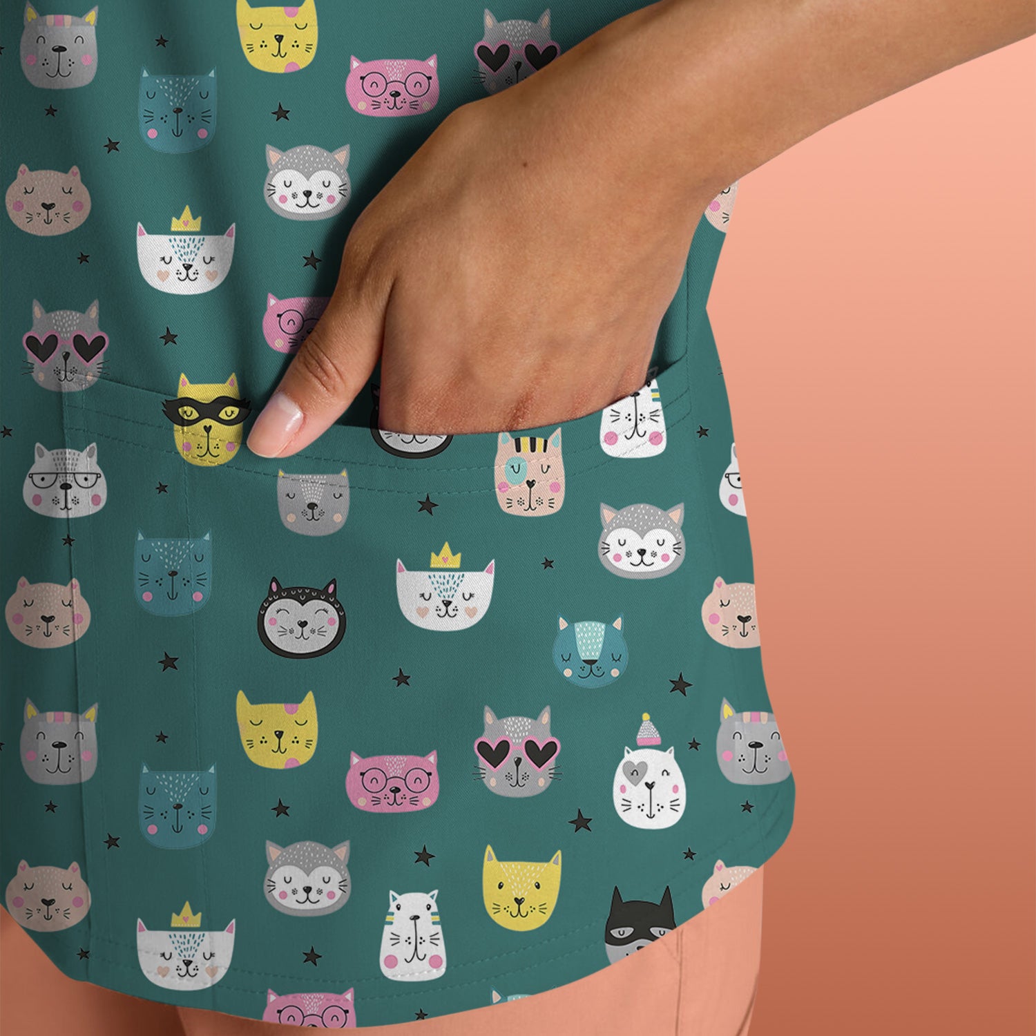 Cute Colorful Cat Pattern Scrub Top, Comfortable Scrubs for Nurses