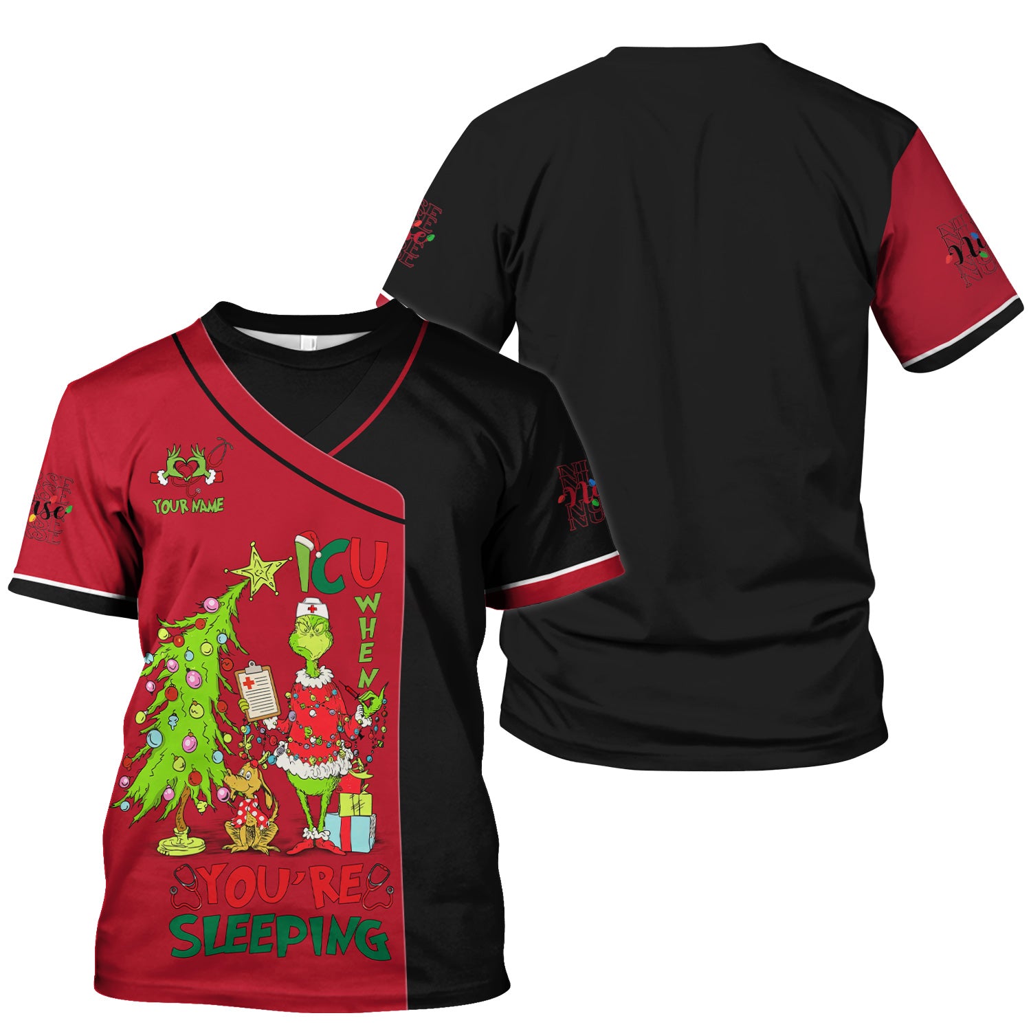 Custom Name Christmas Nurse Scrub - Grinch ICU When You’re Sleeping - LPN CNA RN Gift