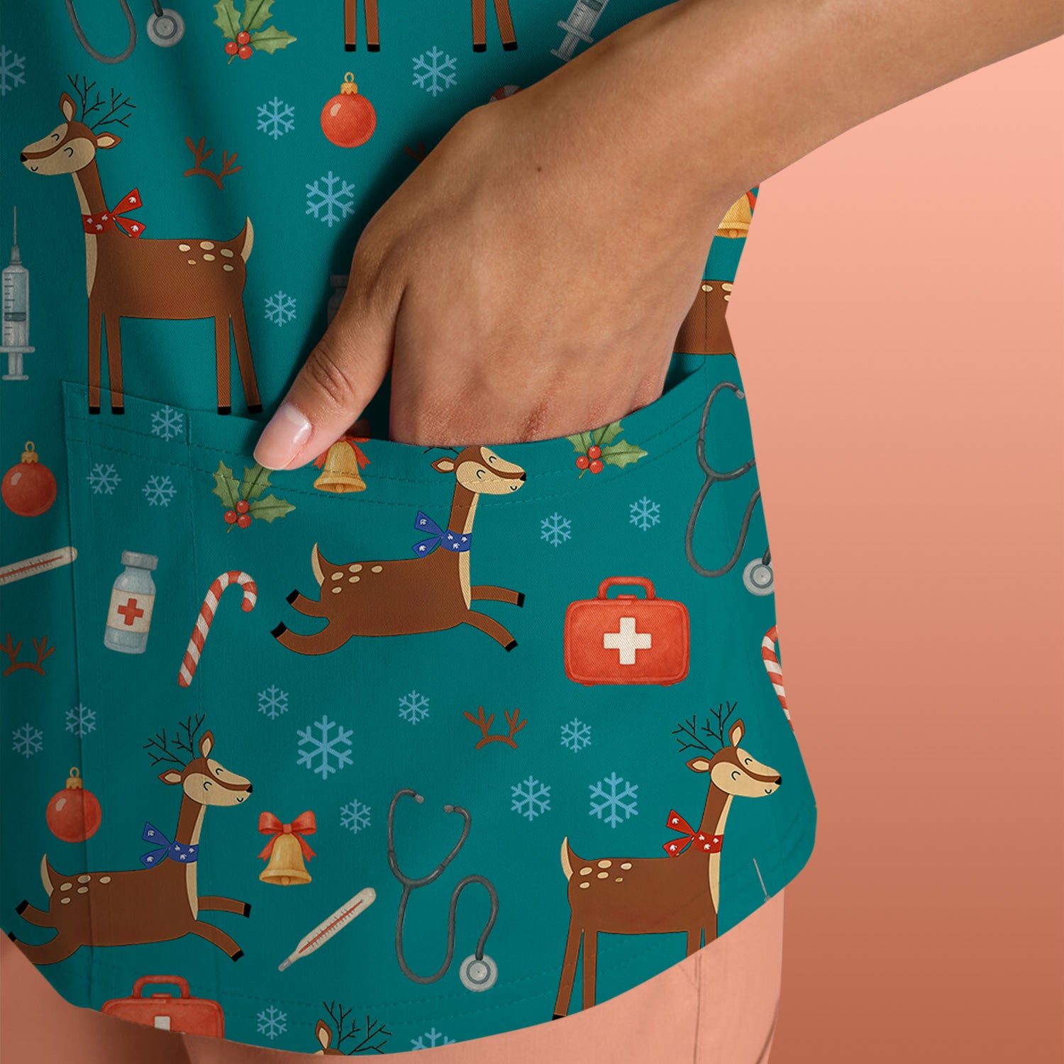Reindeer Christmas Scrub Top - Snowflakes Candy Canes Holiday Medical Shirt - Xmas Scrubs for Women RN CNA LPN