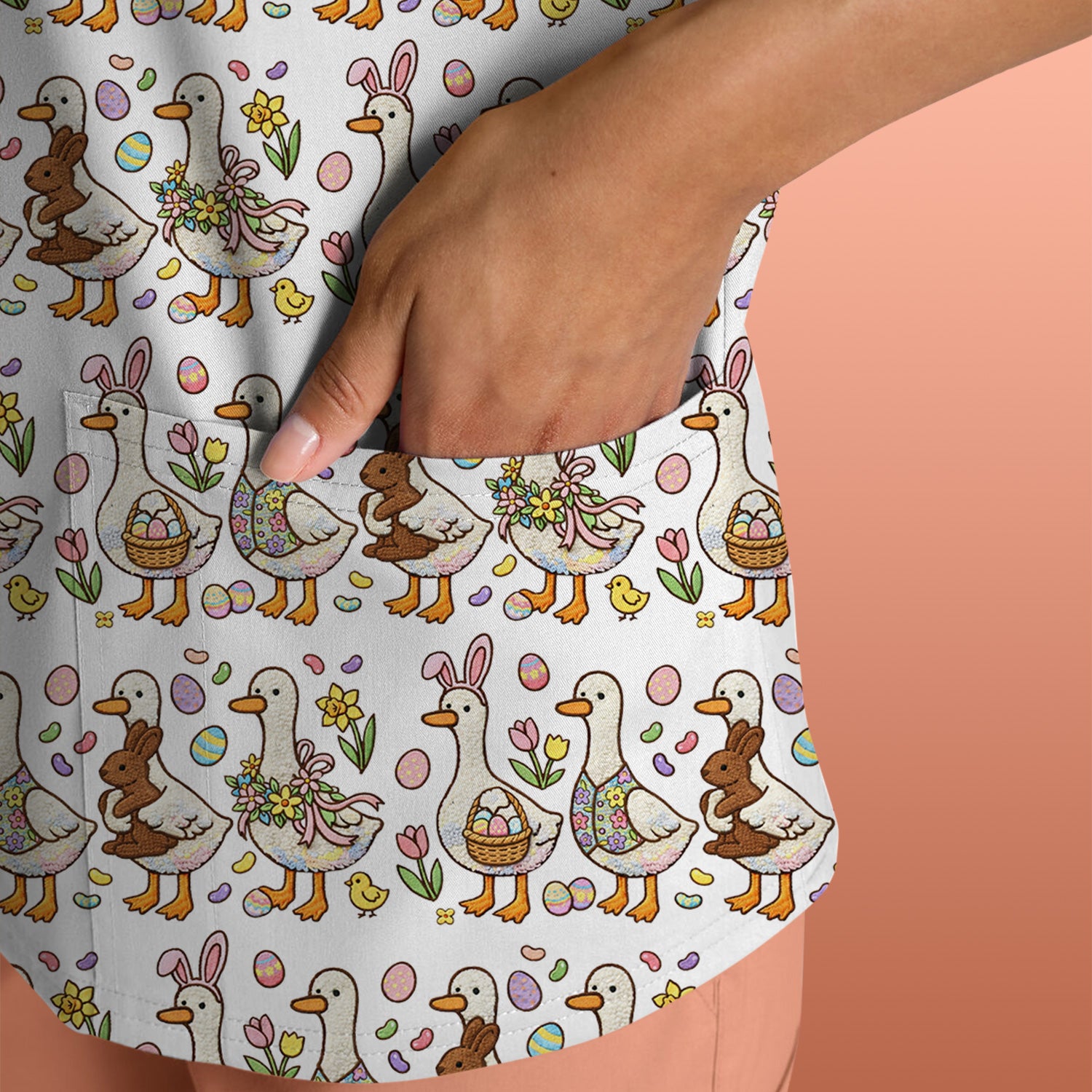 Easter Theme Duck and Bunny Egg Floral Print Scrub Top, Comfortable Scrubs for Nurses