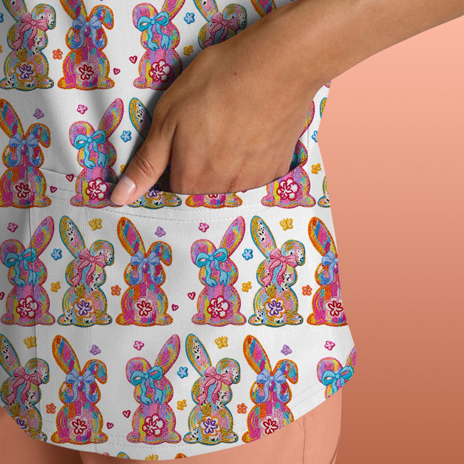 Cute Pastel Bunny Floral Pattern Scrub Top, Comfortable Scrubs for Nurses, Easter
