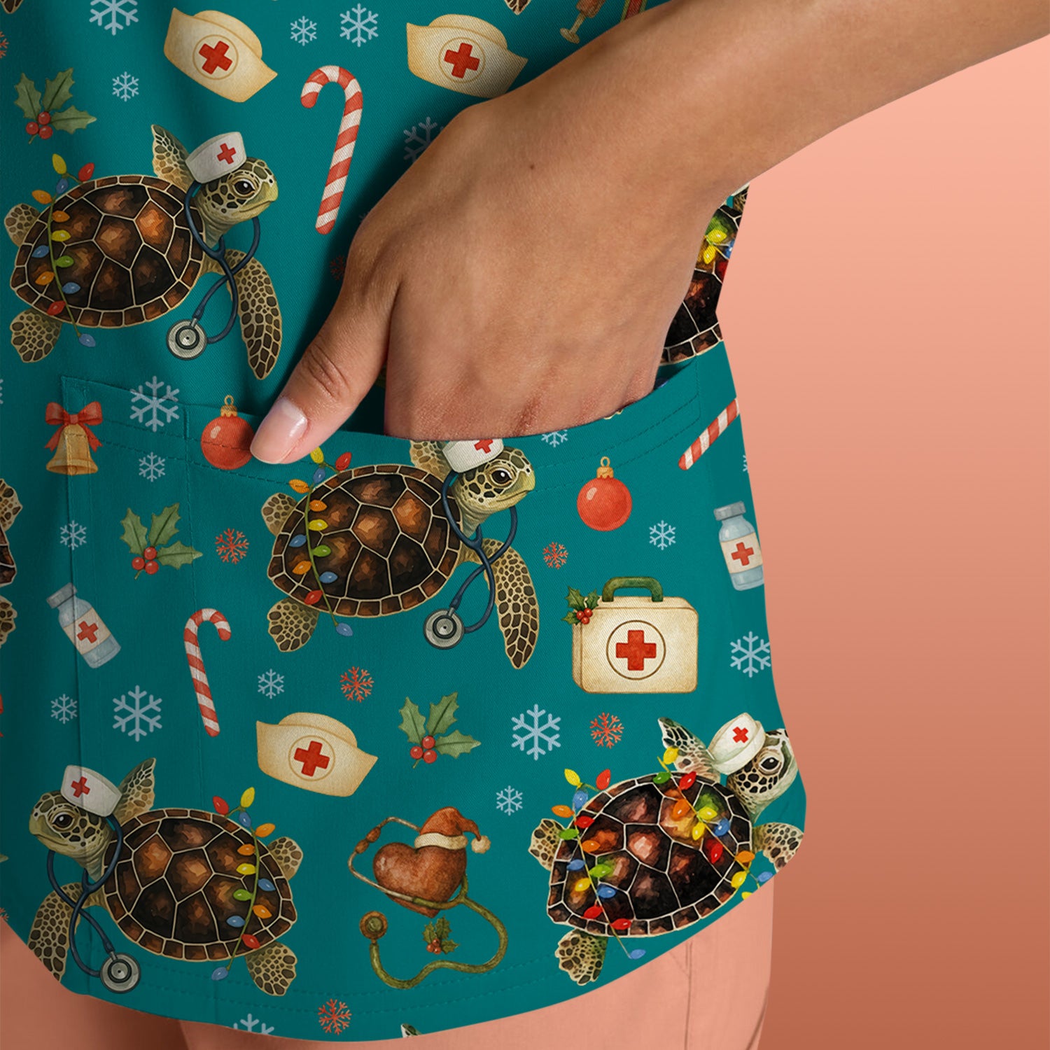 Funny Christmas Scrub Top - Sea Turtle with Xmas Lights Shirt - Holiday Nurse Scrubs for Women