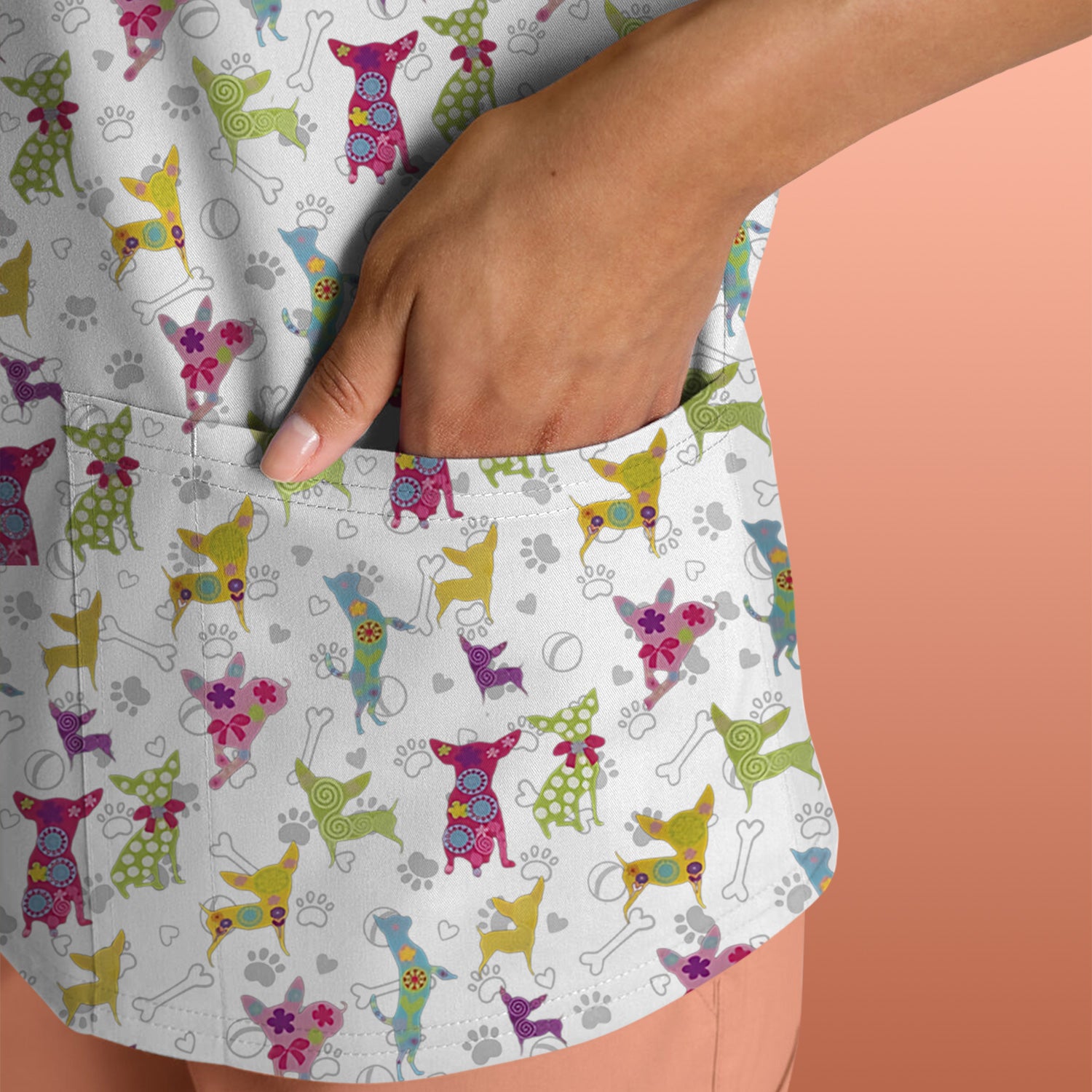 Colorful Playful Dog Print Nurse Scrub Top, Comfortable Scrubs for Nurses