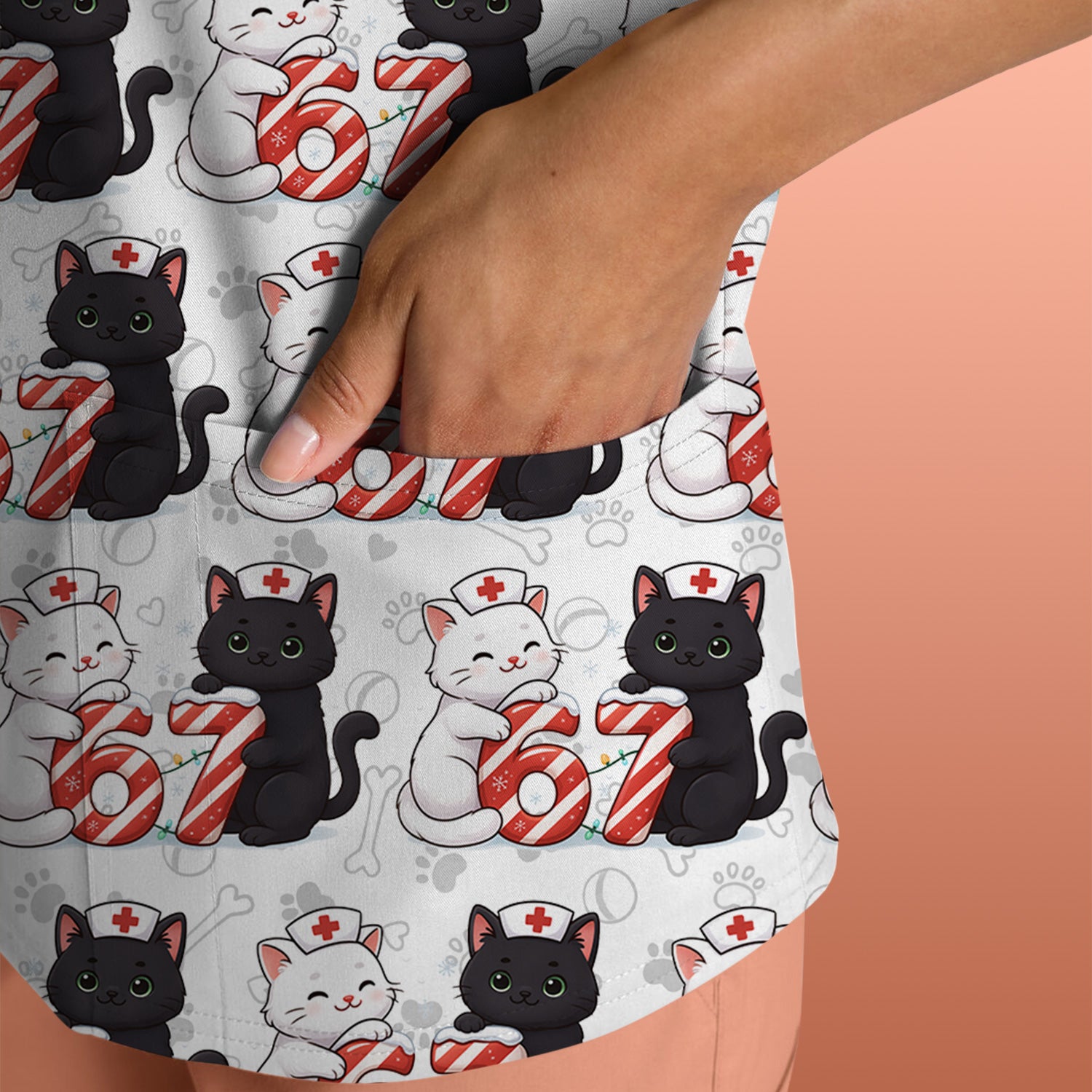 Xmas Cat Pattern Scrub Top, Christmas Nurse Six Seven With Cat Scrub Shirt, Breathable Fabrics Nursing Uniform