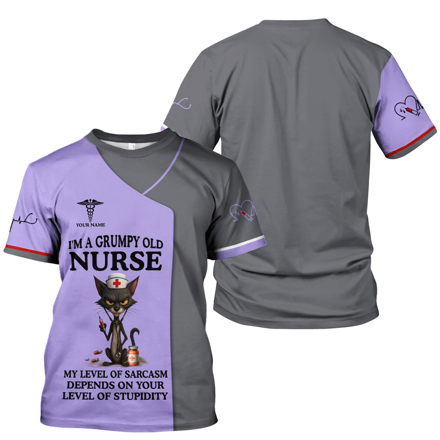 Sarcastic Grumpy Old Nurse Shirt - Black Cat Humo & Caduceus Symbol Design - Personalized Gift for RN LPN CNA Healthcare Workers