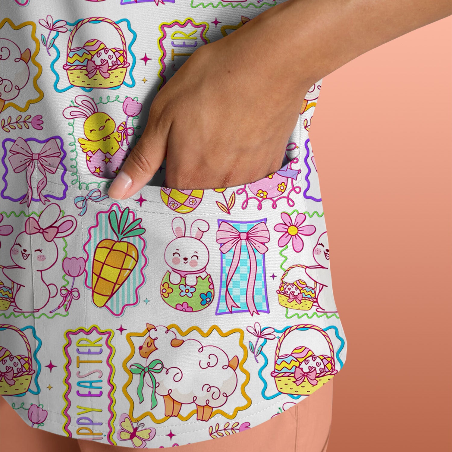 Cute Easter Bunny Egg and Bow Print Scrub Top, Breathable Fabrics Nursing Uniform