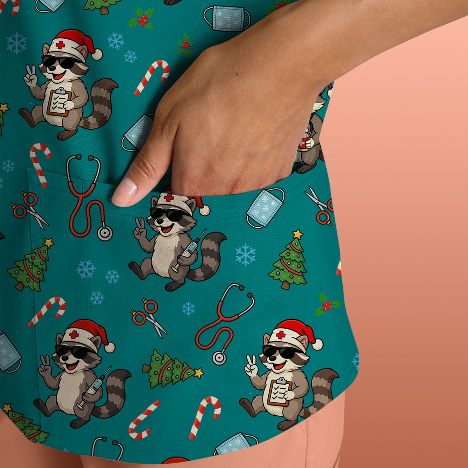 Cute Raccoon Christmas Scrub Top - Santa Hat and Stethoscope Pattern Nurse Scrubs - Funny Holiday Medical Shirt Gift for RN CNA LPN