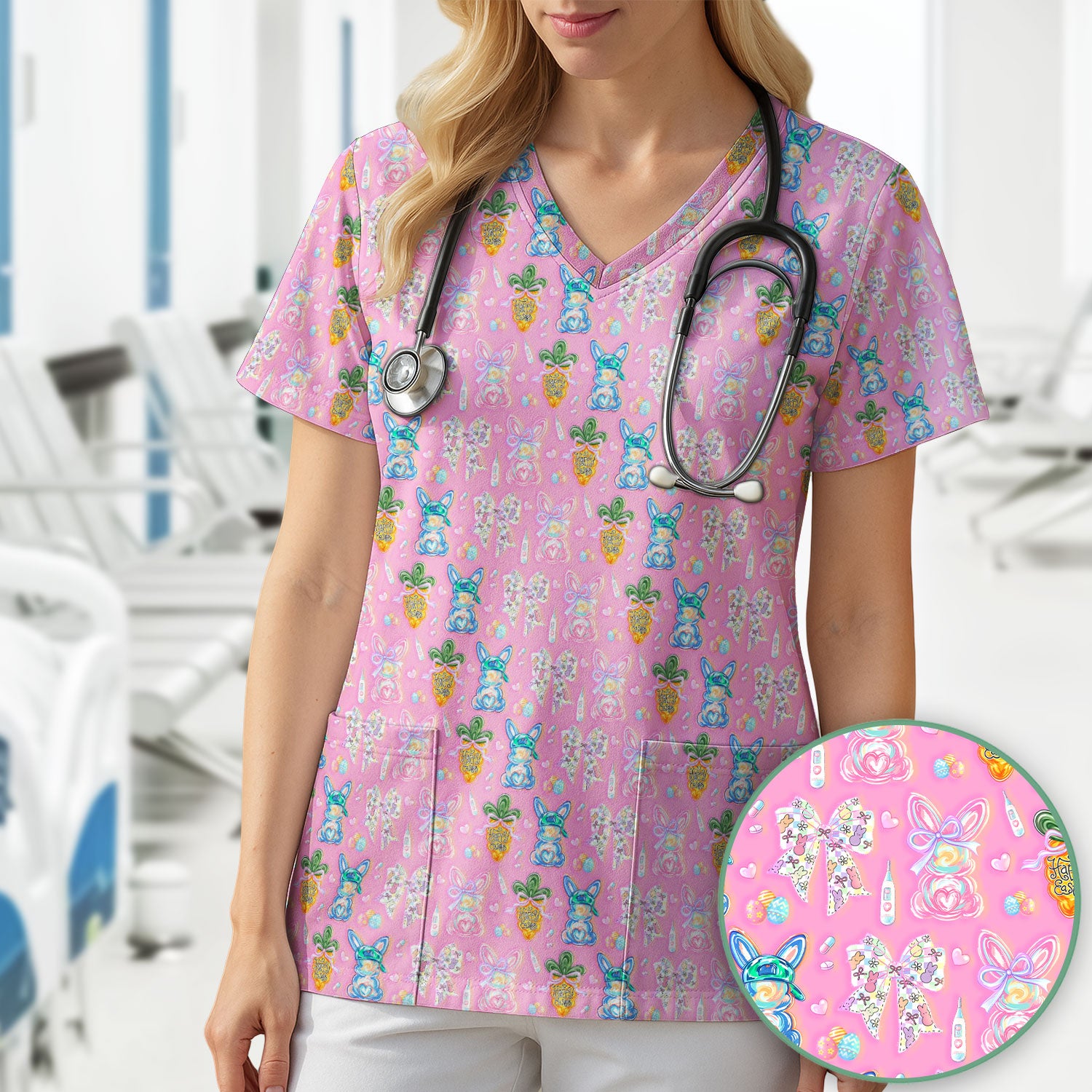 Easter Bunny Carrot Bow Floral Print Scrub Top, Comfortable Scrubs for Nurses