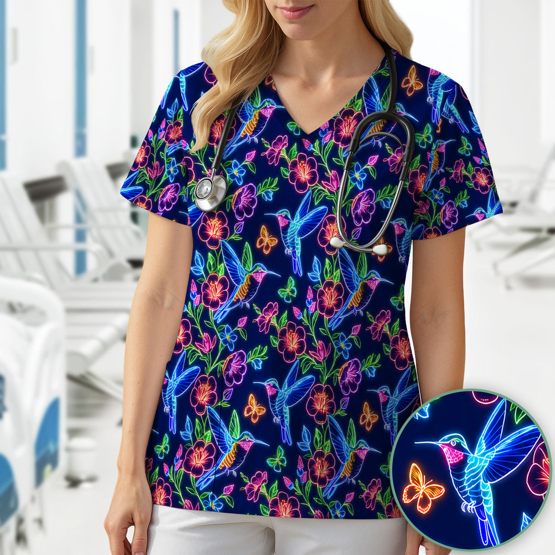 Neon Hummingbird Floral Garden Pattern Scrub Top, Comfortable Scrubs for Nurses