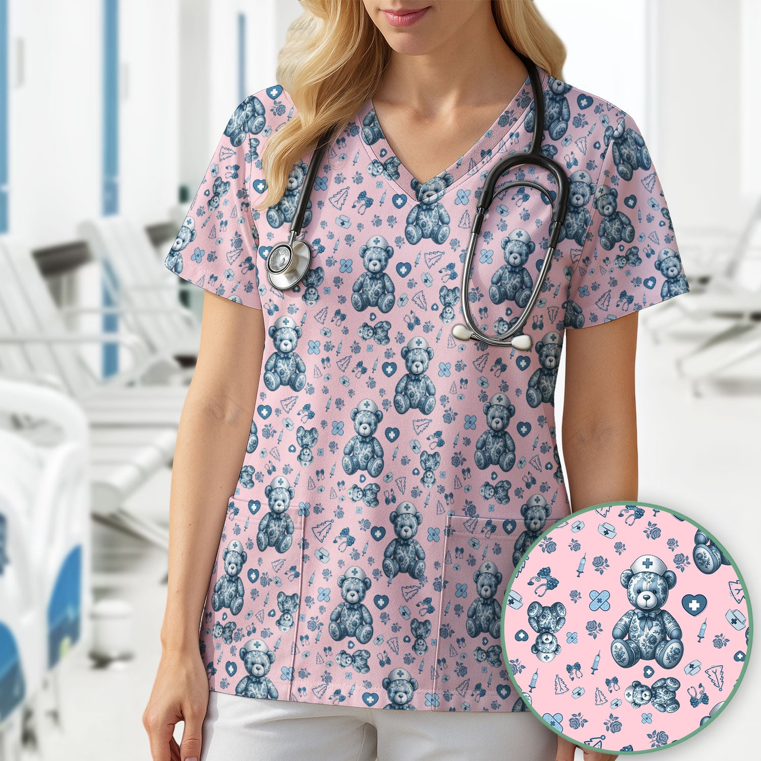 Toile Teddy Bear Nurse Scrub Top - Elegant Blue Toile de Jouy Pattern Medical Shirt for Women - Cute Vintage Nursing Uniform Gift