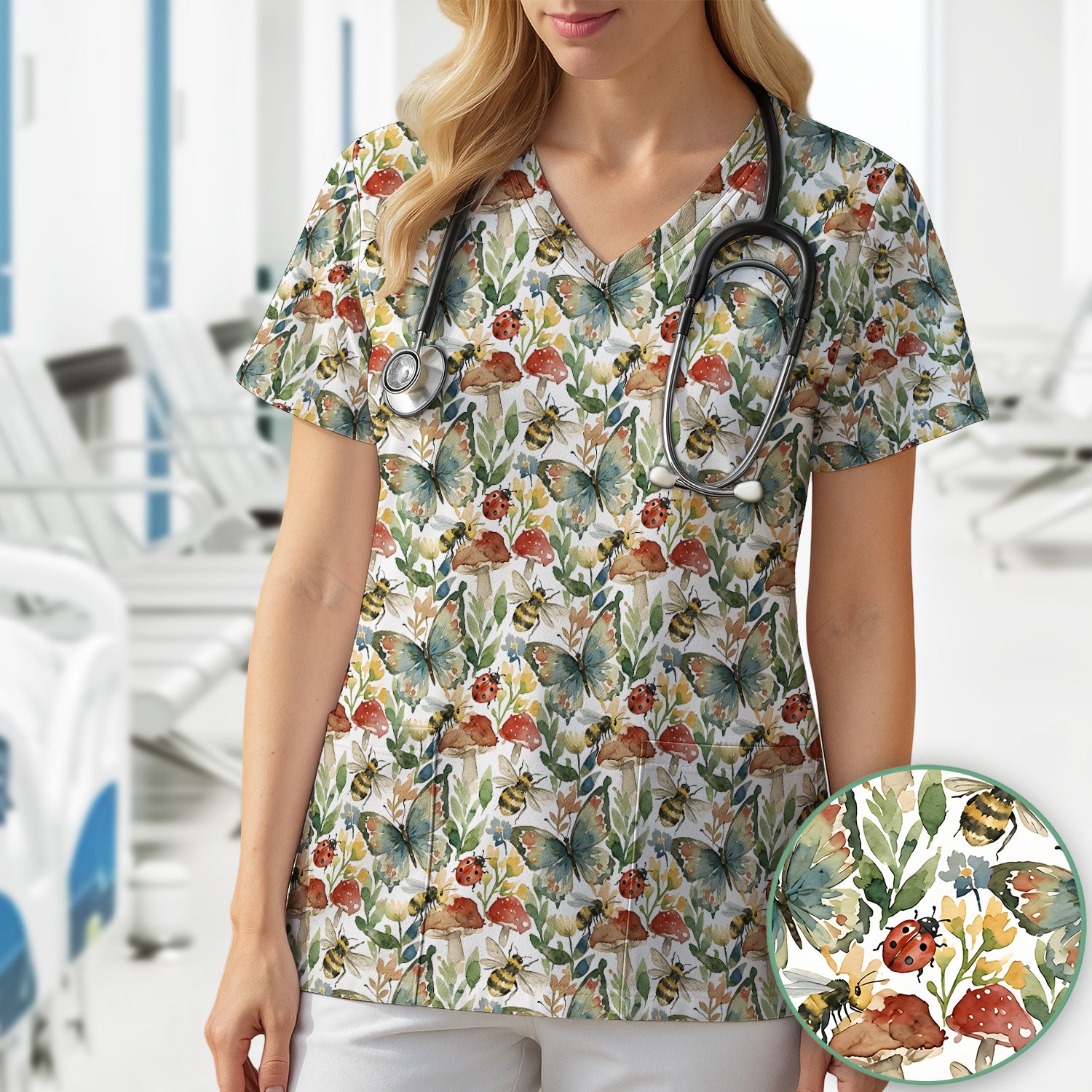 Butterfly Bee With Floral Mushroom Scrub Top, Comfortable Scrubs for Nurses