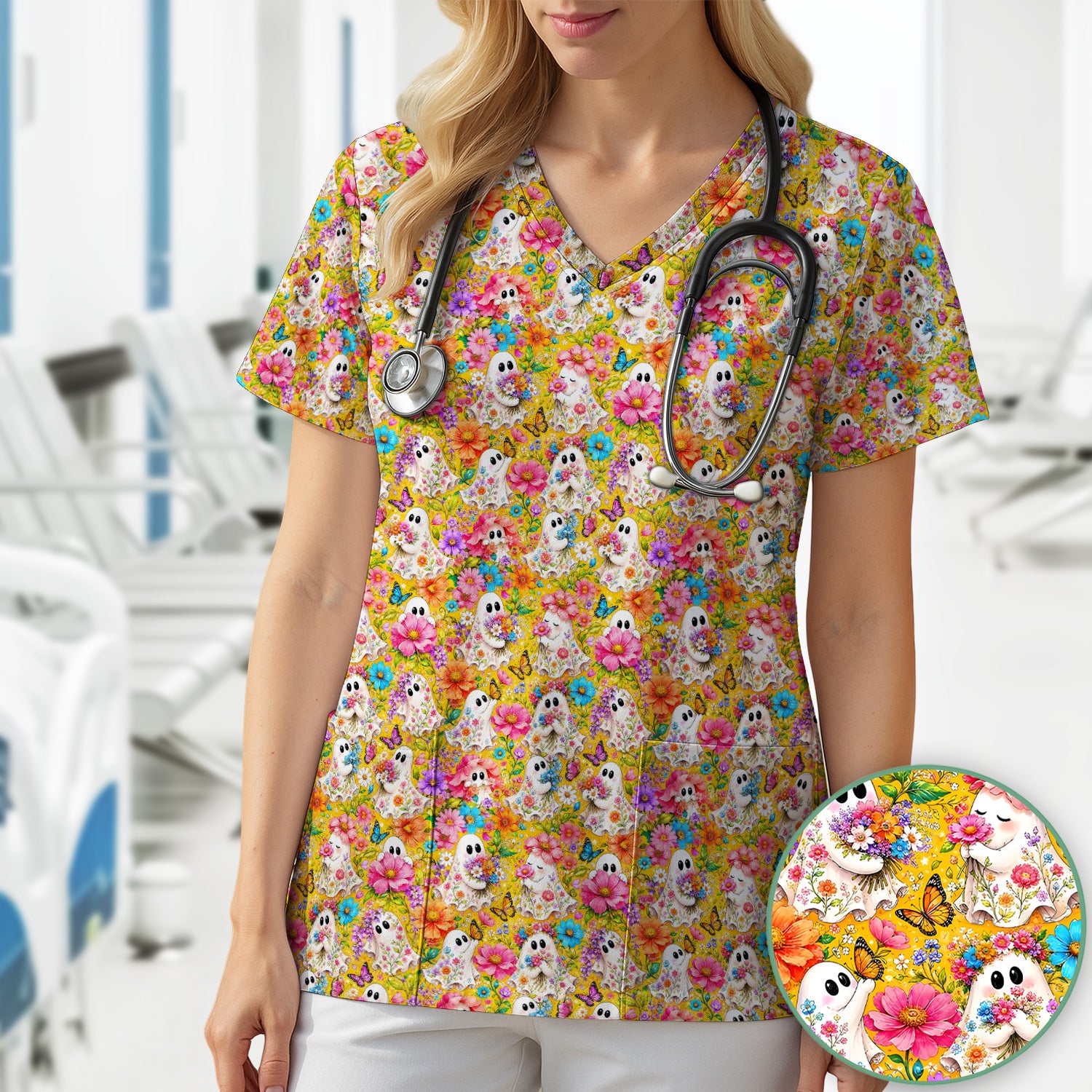 Cute Floral Ghosts And Butterflies Scrub Top, Comfortable Scrubs for Nurses