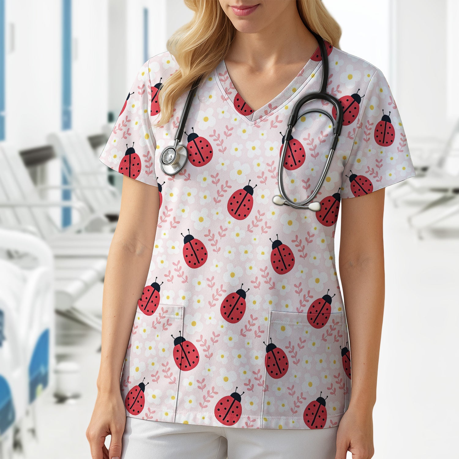 Lovely Ladybug Blossom Garden Print Scrub Top, Breathable Fabrics Nursing Uniform