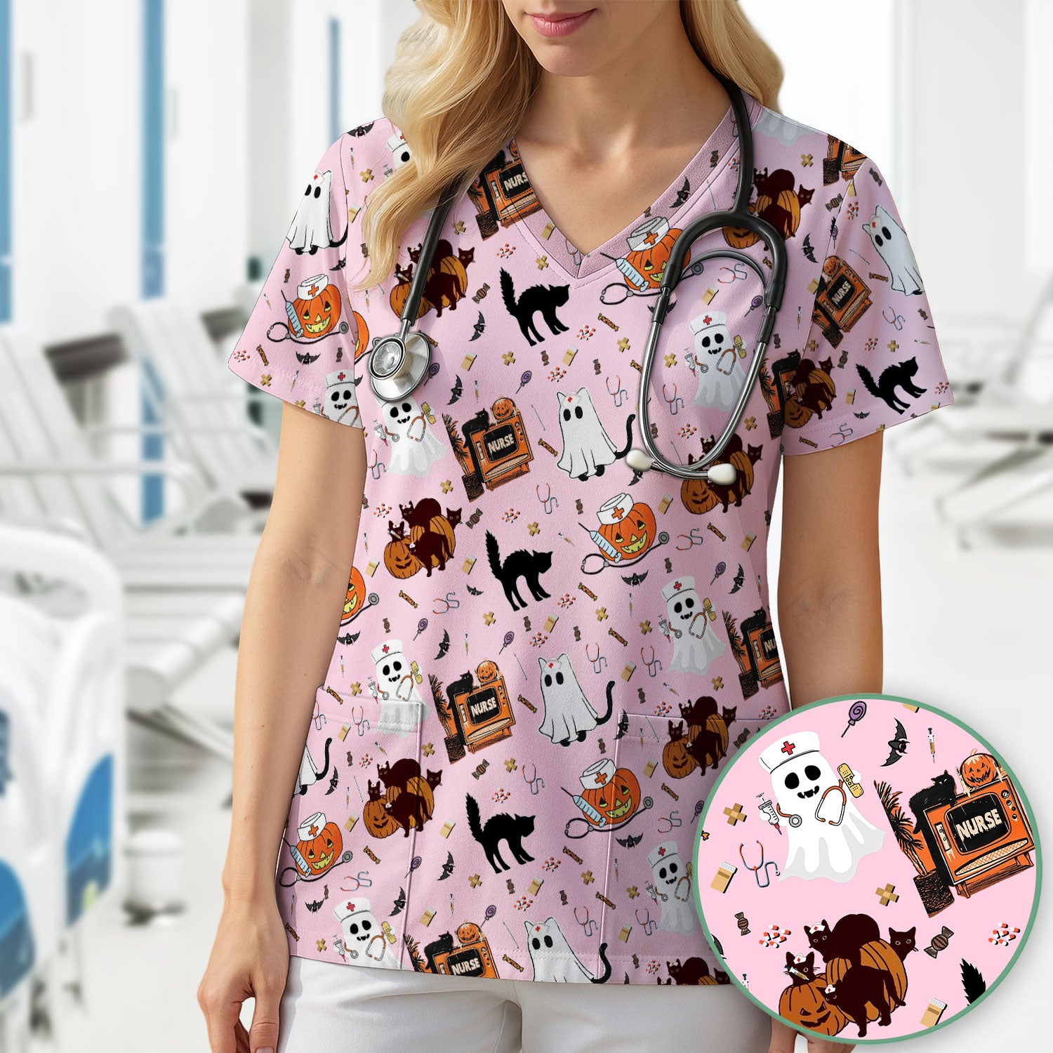 Halloween Scrub Top for Nurse - Cute Pumpkin Ghost Cat Medical Shirt - Spooky Scrubs for Women RN CNA LPN