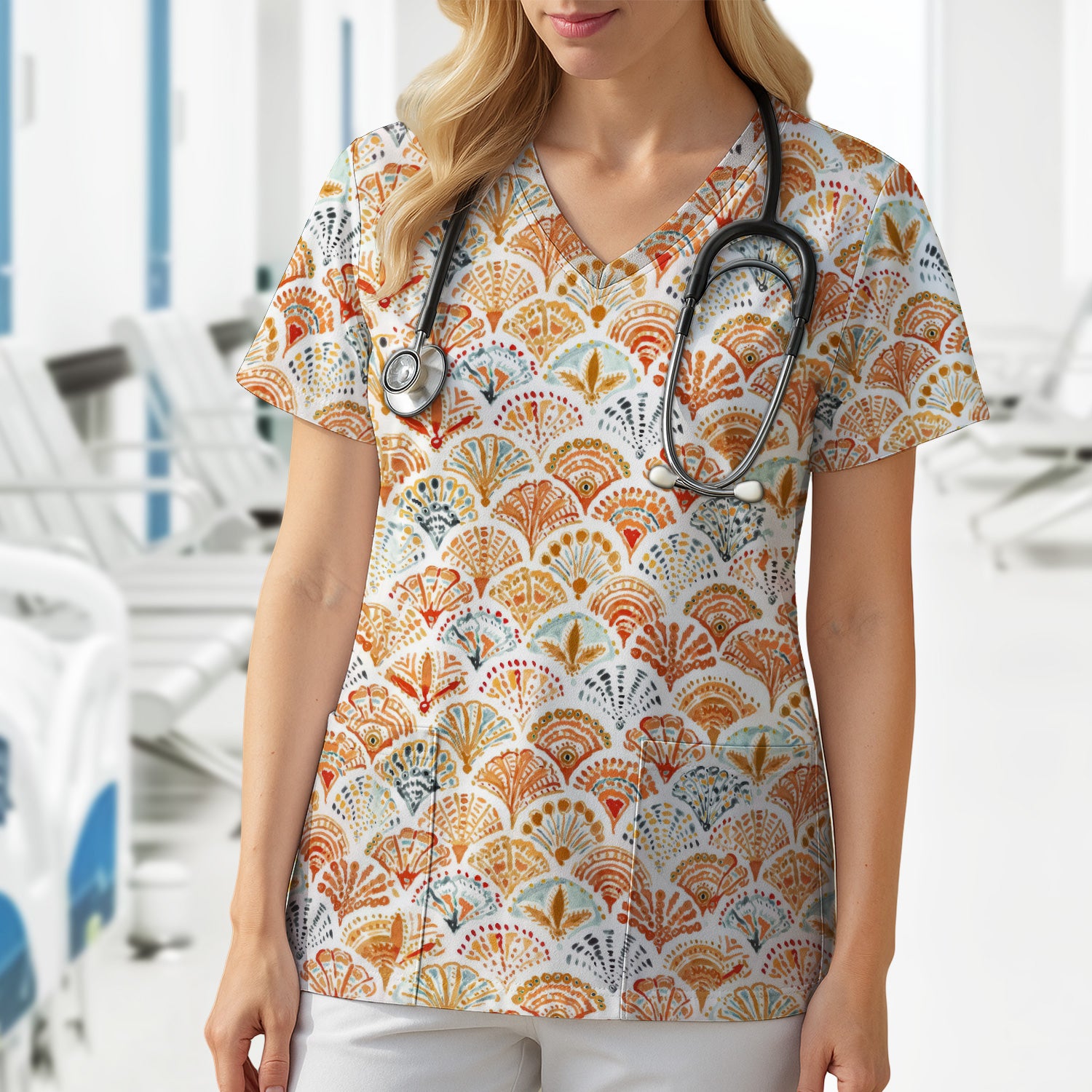 Cute Boho Fan Pattern Scrub Top, Breathable Fabrics Nursing Uniform