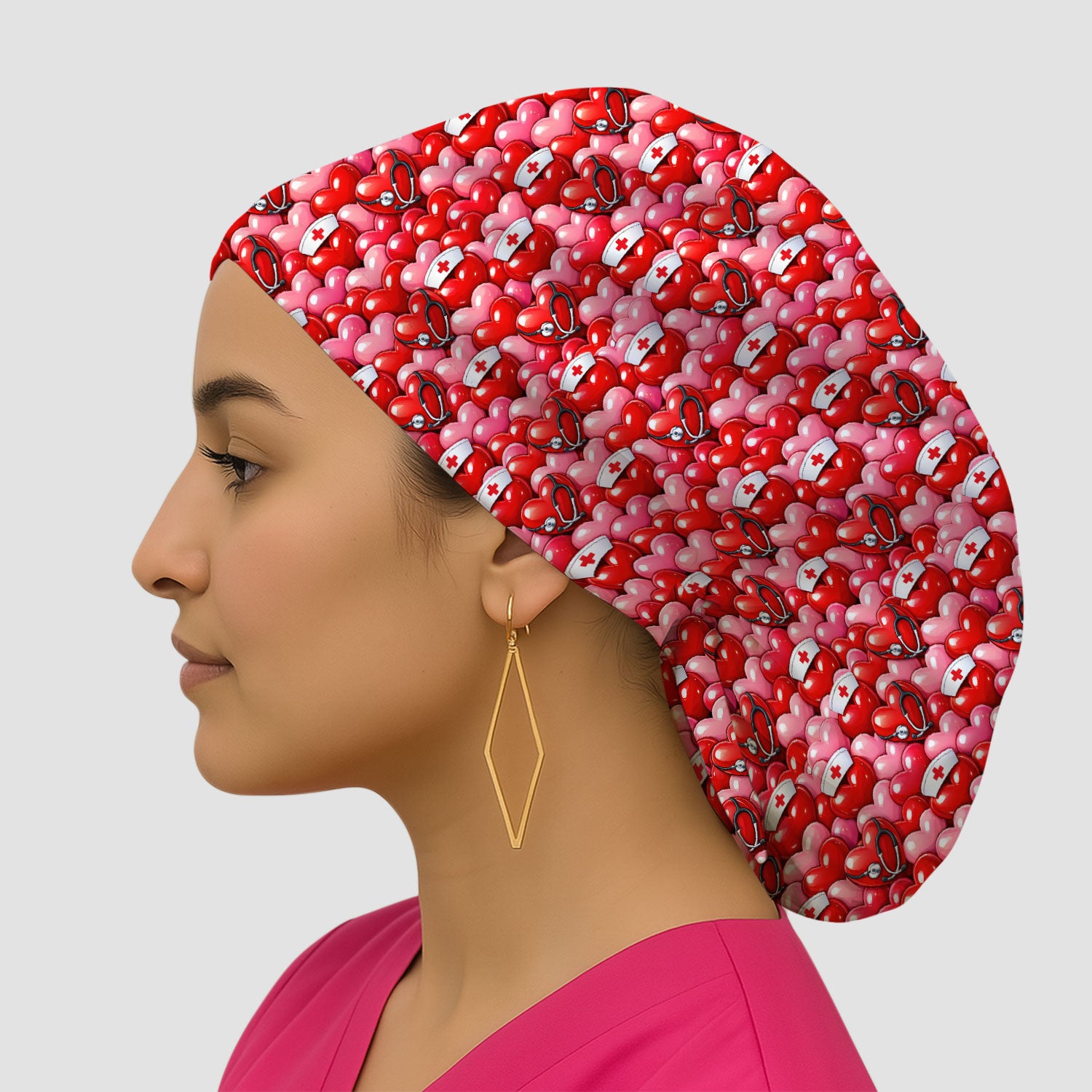 Valentine Pattern Nurse Scrub Cap, Heart With Stethoscope Love Medical Hat For Women, Breathable Fabrics Nursing Uniform