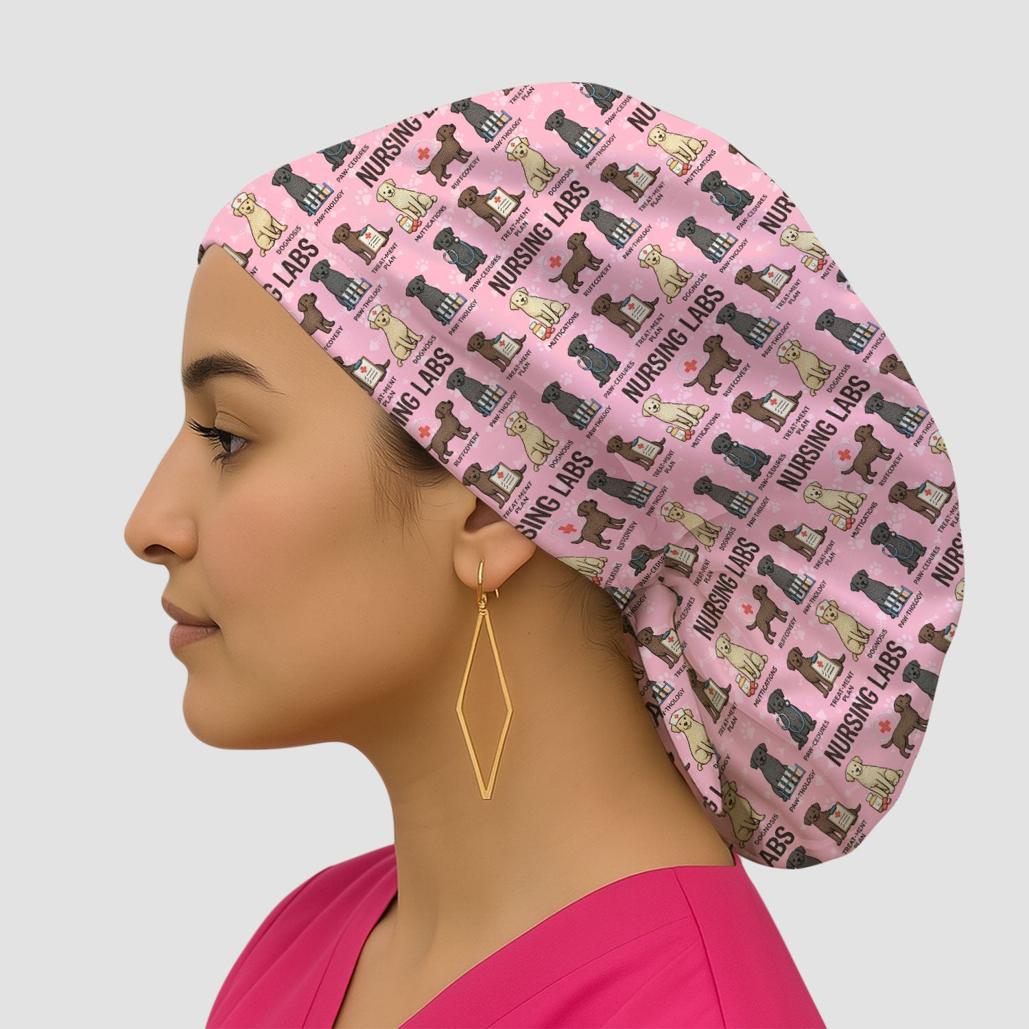 Playful Nursing Labs Dog Pattern Cap, Bouffant Scrub Caps for Women