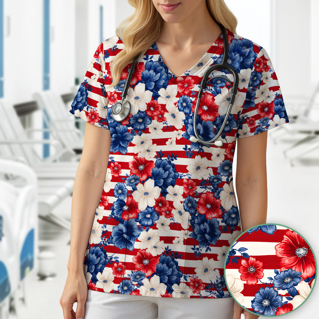 Patriotic Floral Nurse for RN & CNA, American Flag Healthcare Workers Medical Uniform Scrub Top, Comfortable Scrubs for Nurses