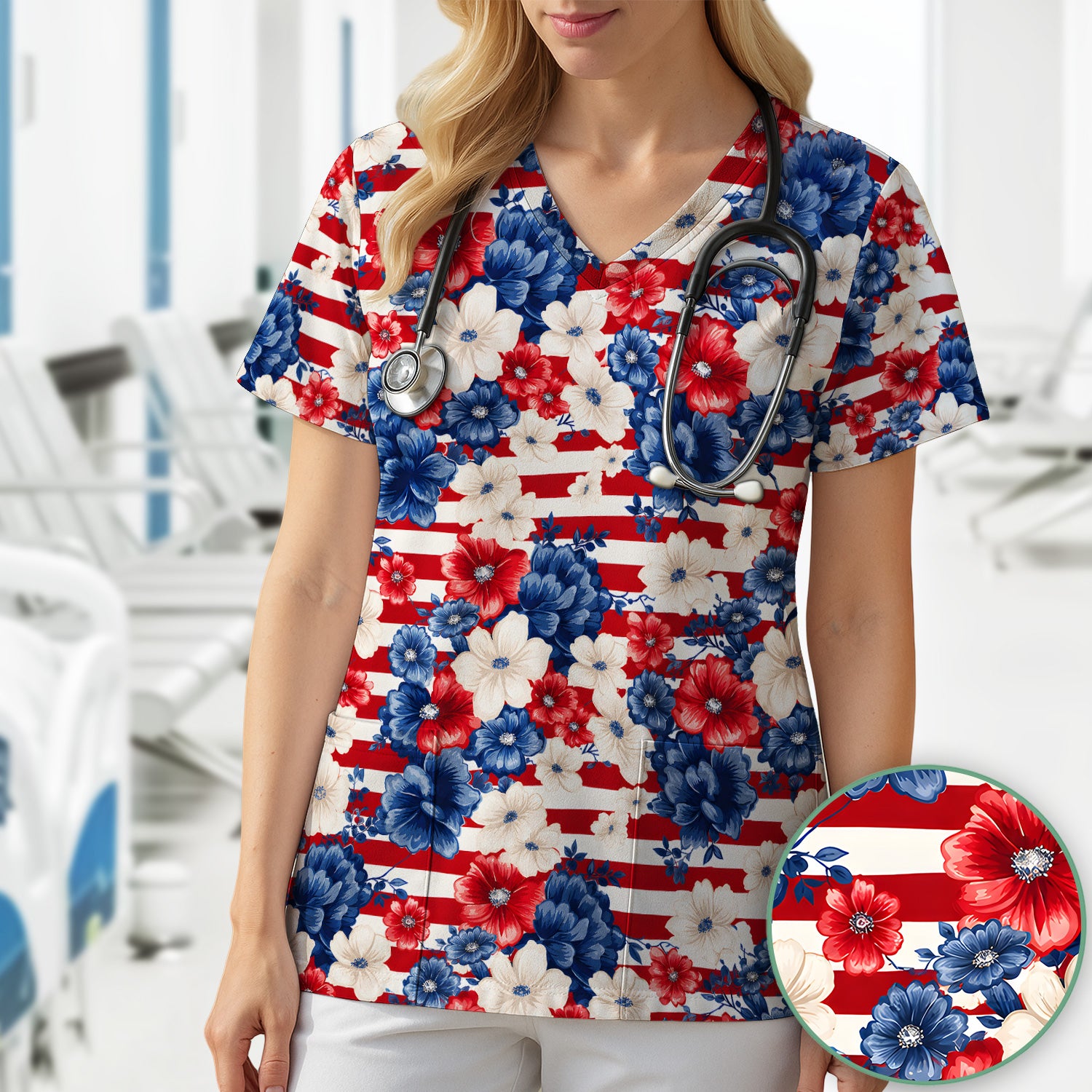 Patriotic Floral Nurse for RN & CNA, American Flag Healthcare Workers Medical Uniform Scrub Top, Comfortable Scrubs for Nurses