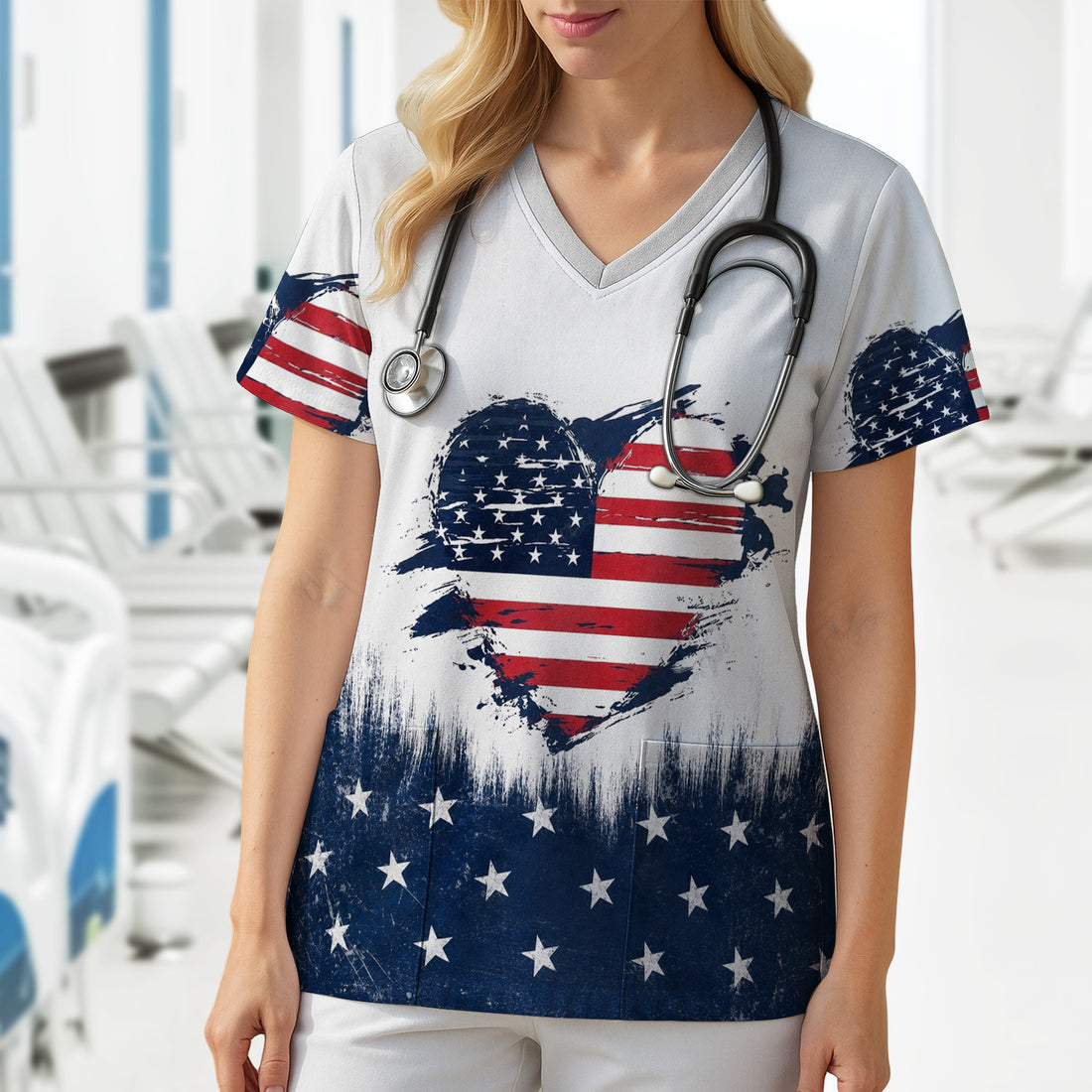Patriotic Nurse Adorable Scrub Top USA Heart Pattern Scrub Top, Comfortable Scrubs for Nurses