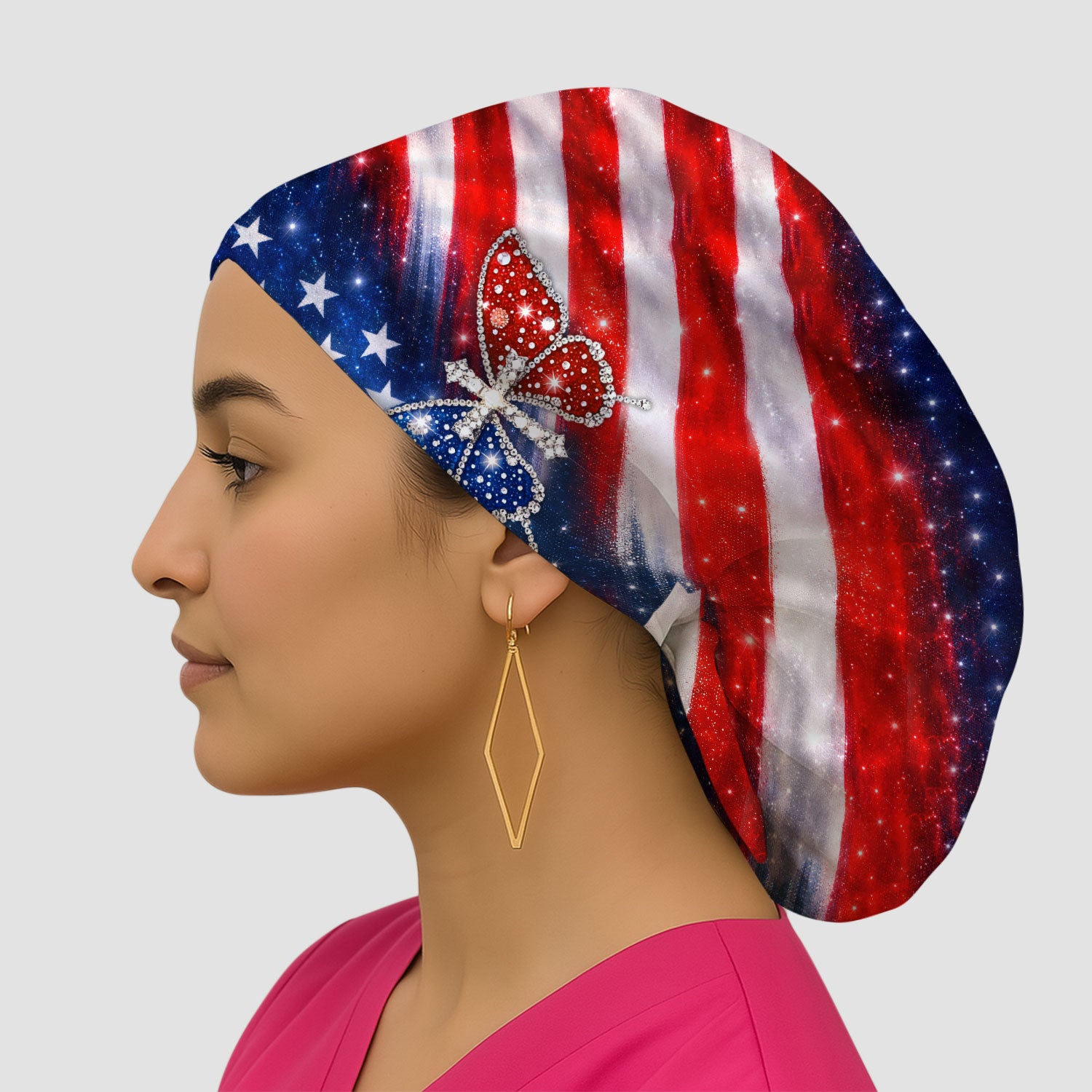 USA Flag Glitter Butterfly Rhinestone Pattern Caps, Breathable Fabrics Caps Uniform