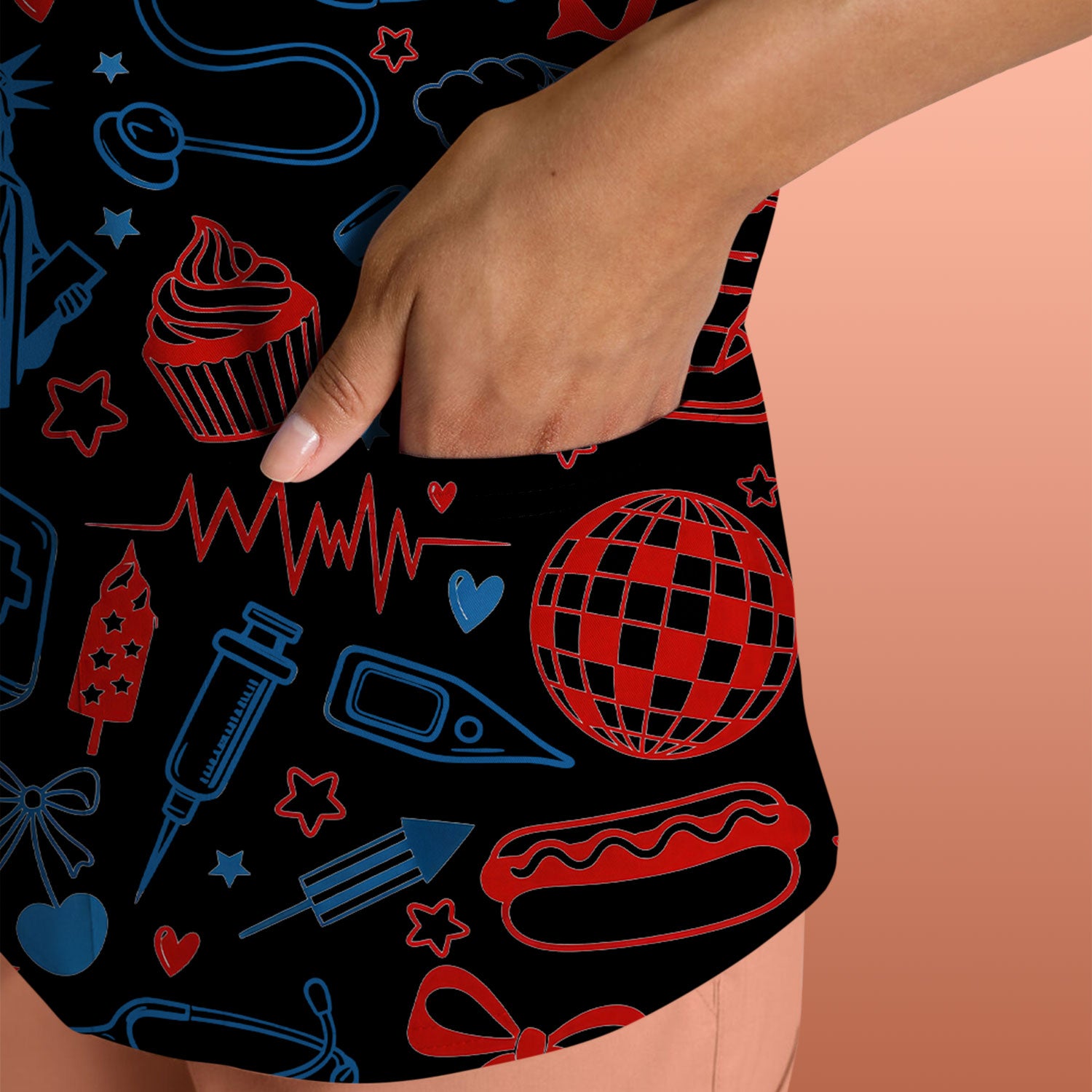 Patriotic Nurse Medical Icons Pattern Scrub Top, Breathable Fabrics Nursing Uniform