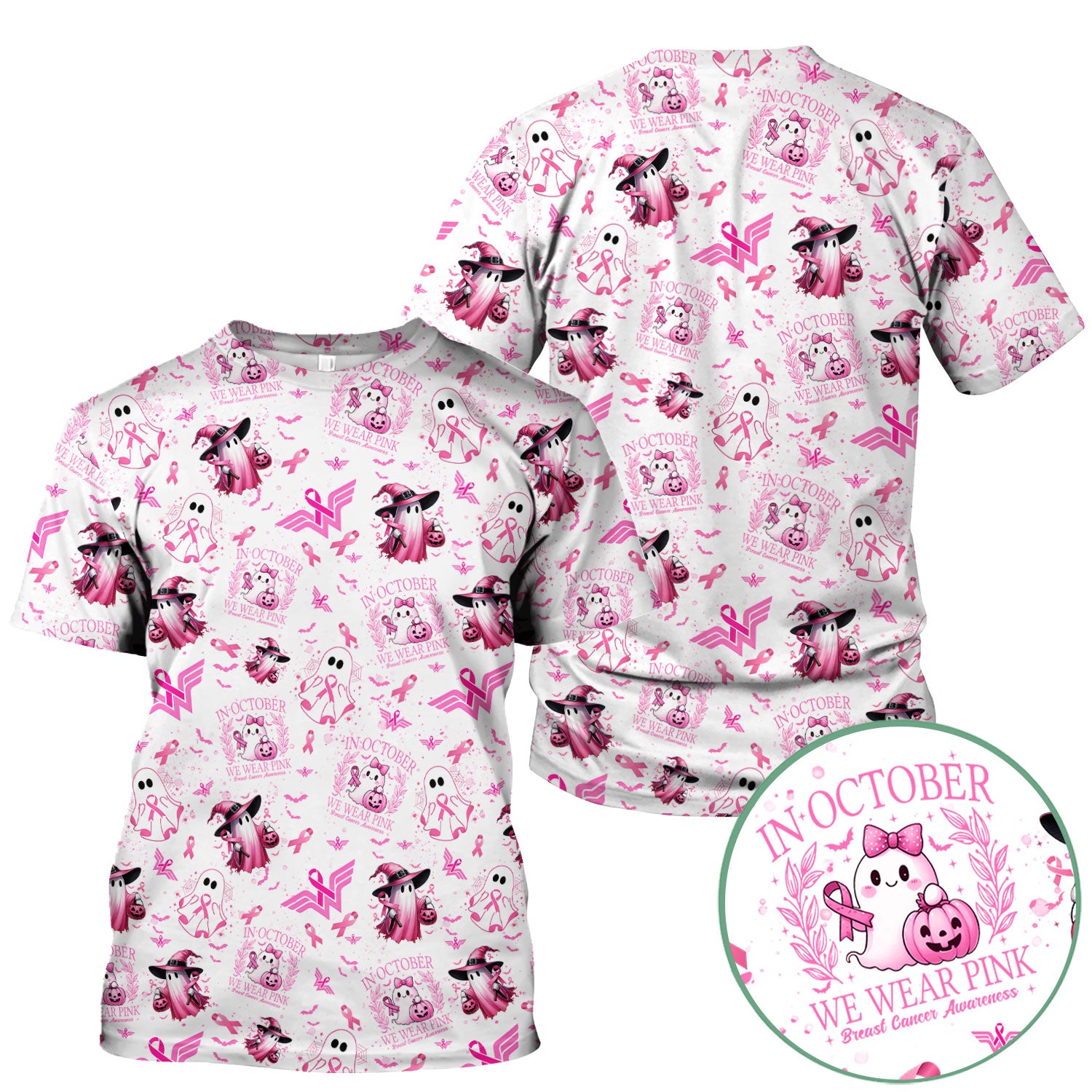 Pink Halloween Scrub Top for Nurses - In October We Wear Pink Breast Cancer Awareness Shirt - Cute Ghost Witch Gift for RN CNA LPN