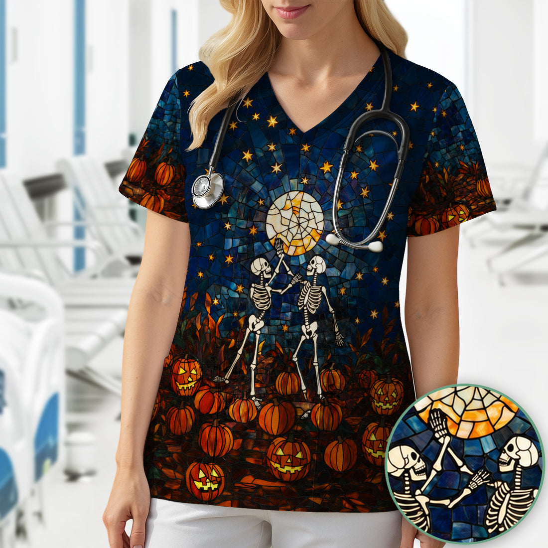 Halloween Skeleton Pumpkin Patch Scrub Top, Comfortable Scrubs for Nurses