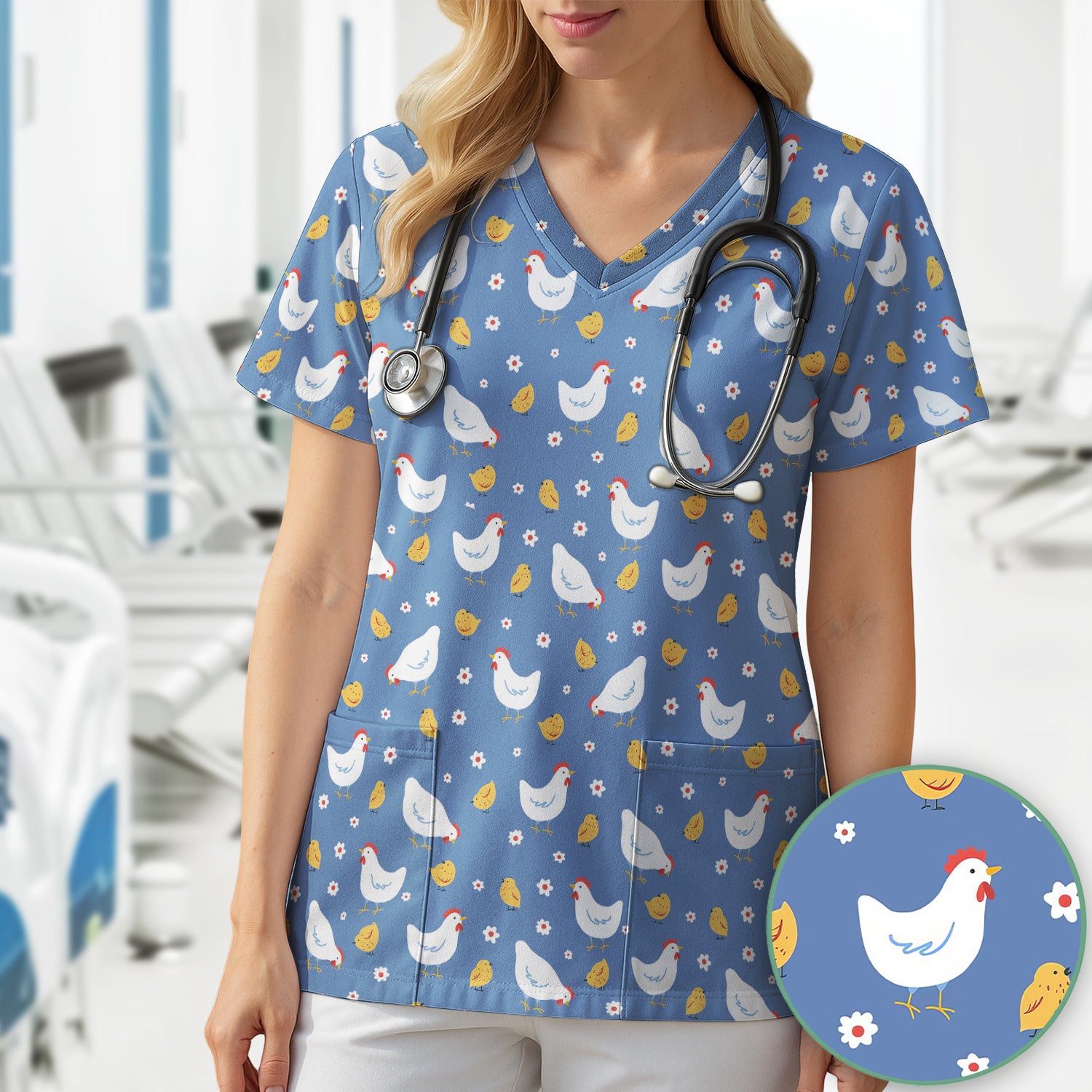 Chicken And Cute Chicks Pattern Scrubs Top, Comfortable Scrubs for Nurses