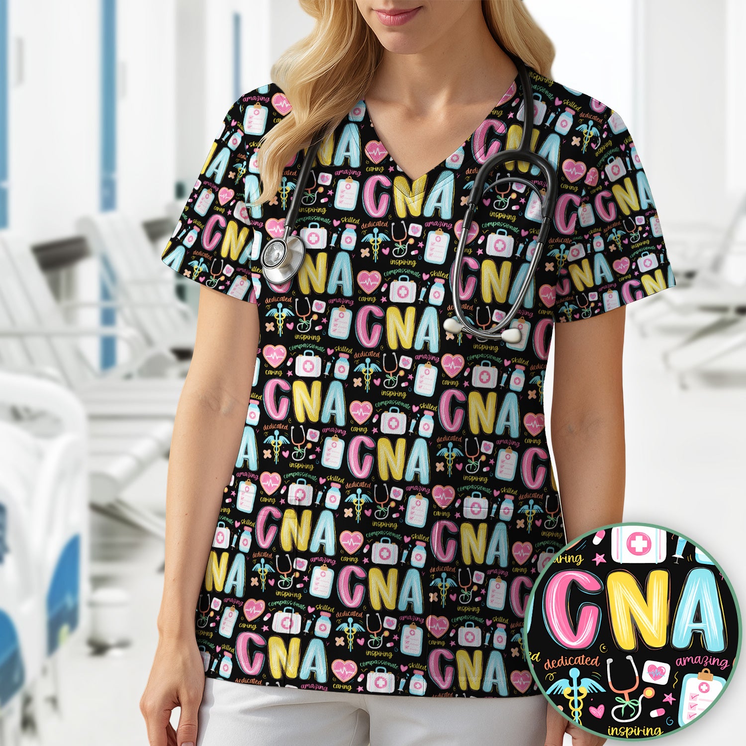 CNA Nurse Appreciation Pattern Scrub Top, Breathable Fabrics Nursing Uniform
