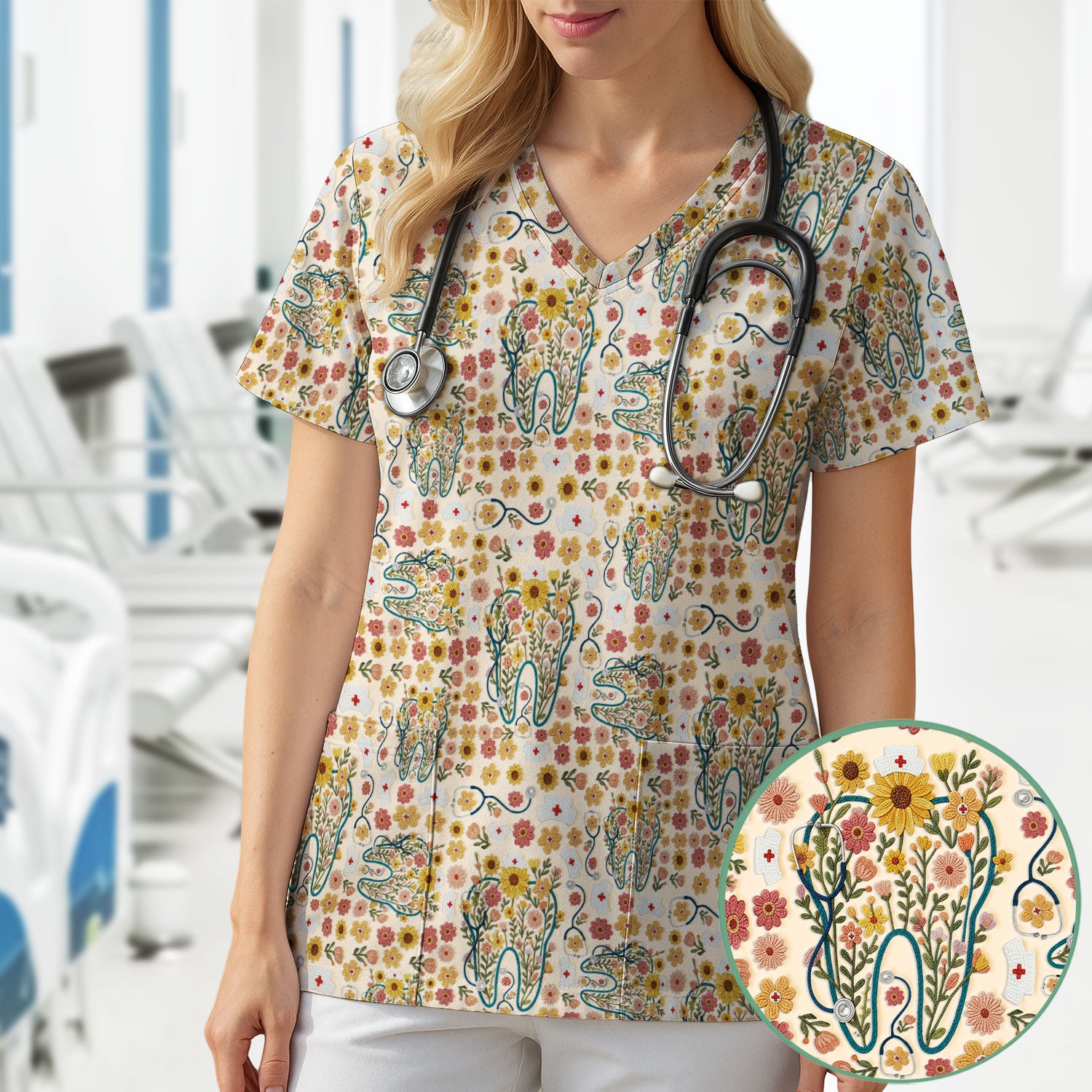 Boho Floral Tooth Scrub Top - Aesthetic Dental Scrubs for Women - Cute Flower Tooth Pattern Medical Uniform - Hygienist Christmas Gift