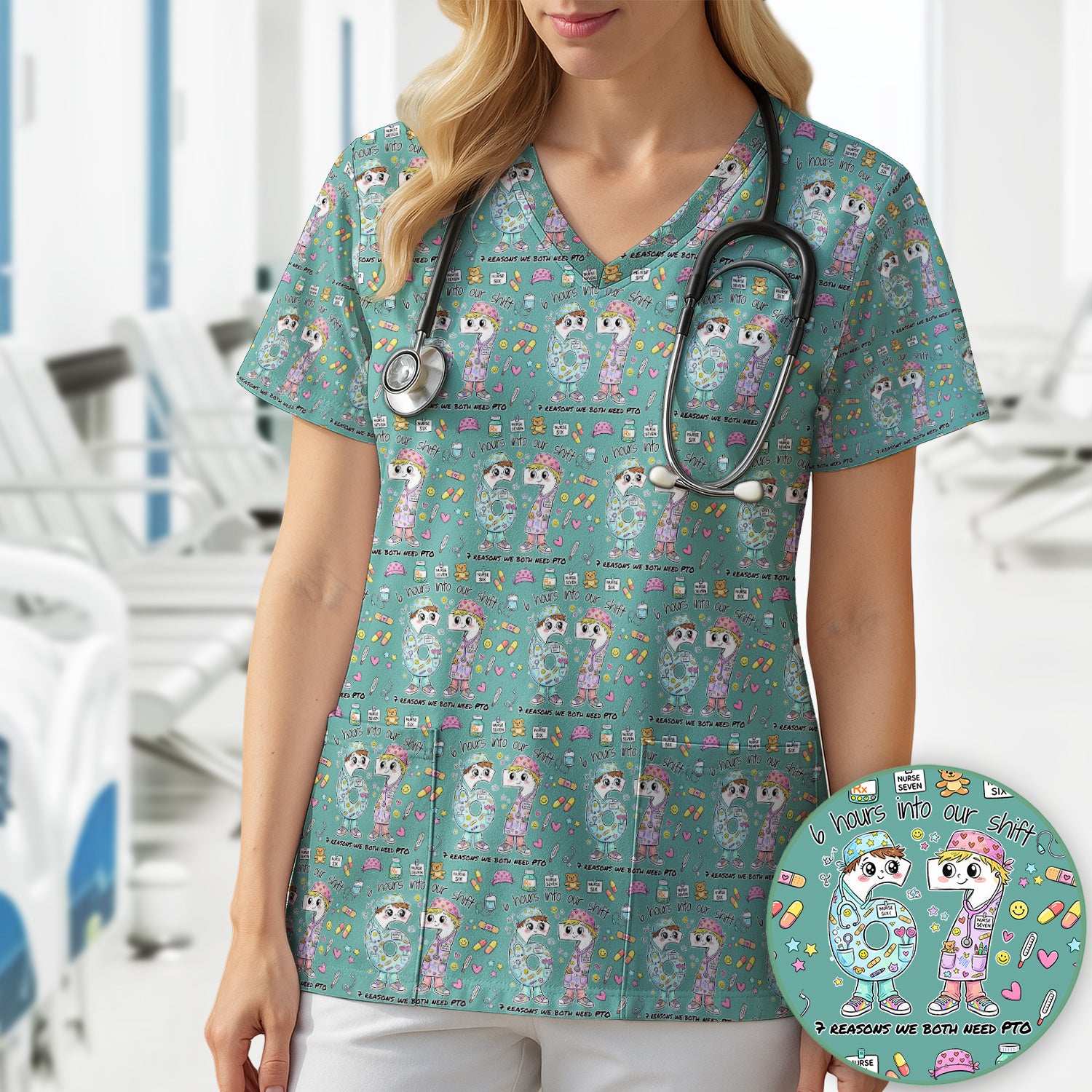 Cartoon Characters Six Hours Into Shift With Medical Doodle Scrub Top, Breathable Fabrics Nursing Uniform