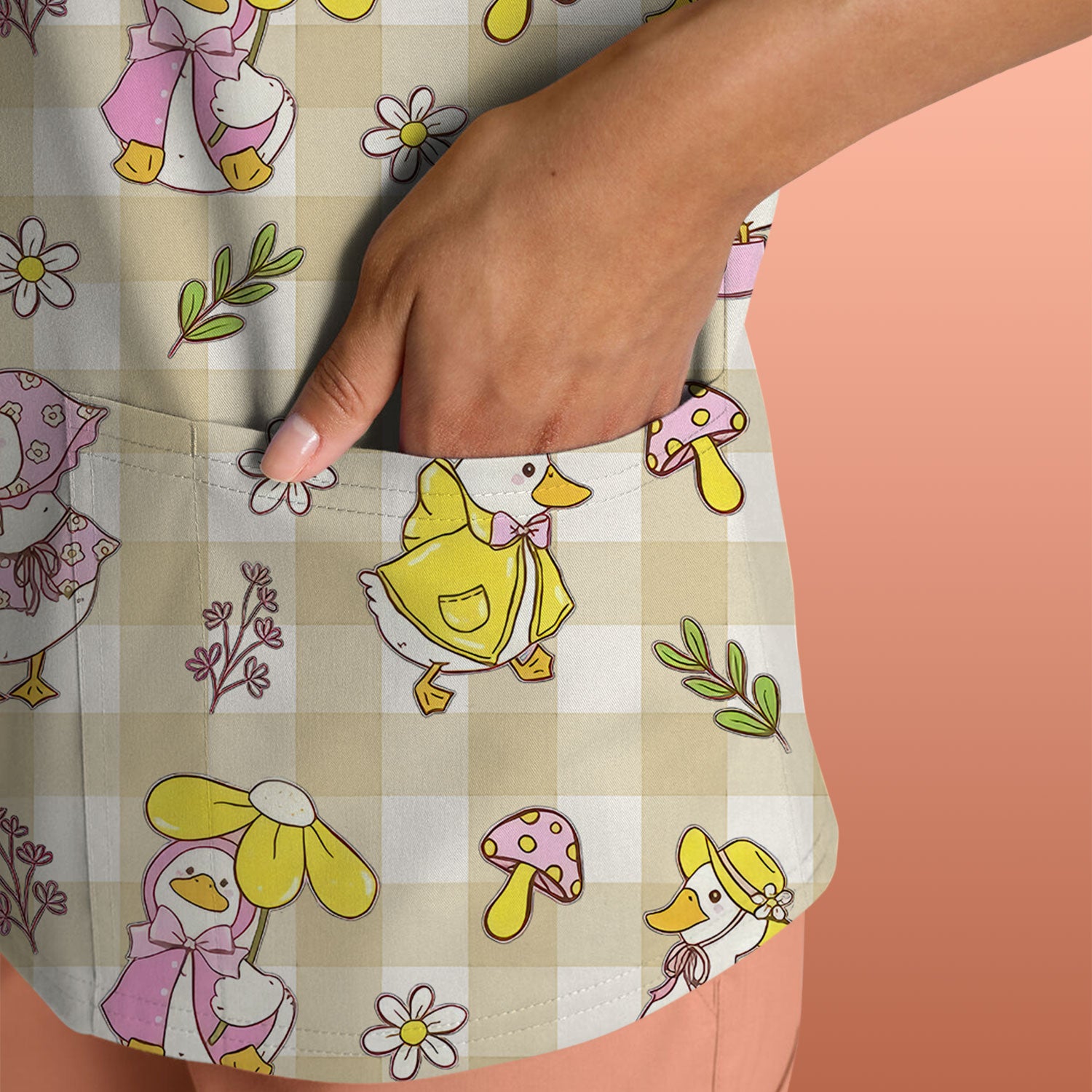 Cute Duck Outfit Gingham Pattern Scrub Top, Comfortable Scrubs for Nurses