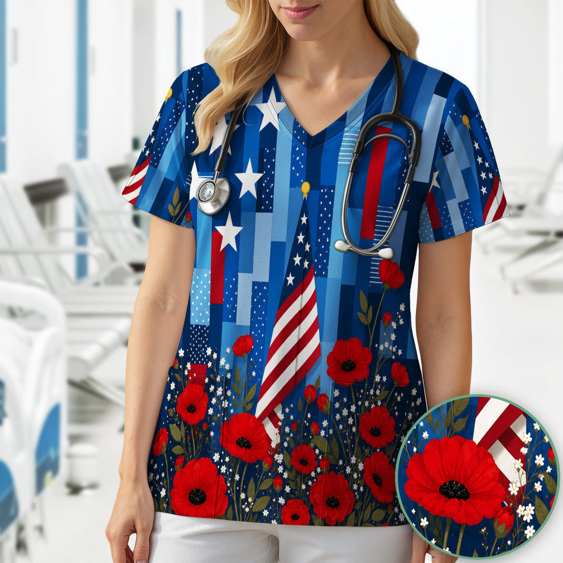Patriotic Nurse Flag Poppy Pattern Scrub Top, Breathable Fabrics Nursing Uniform
