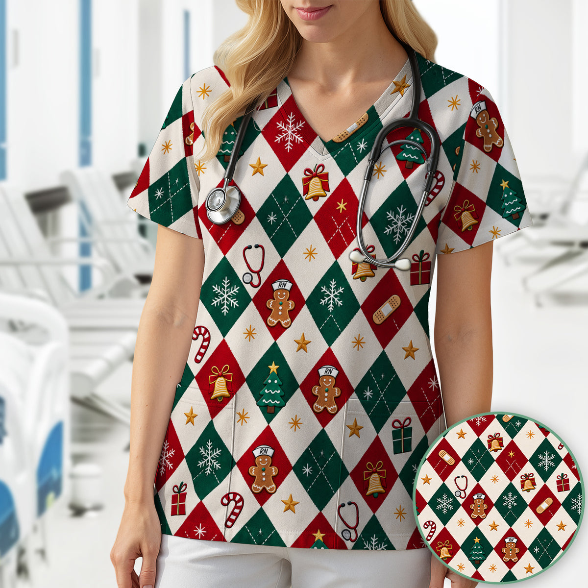 Christmas Gingerbread Nurse Argyle Scrub Top, Comfortable Scrubs for Nurses