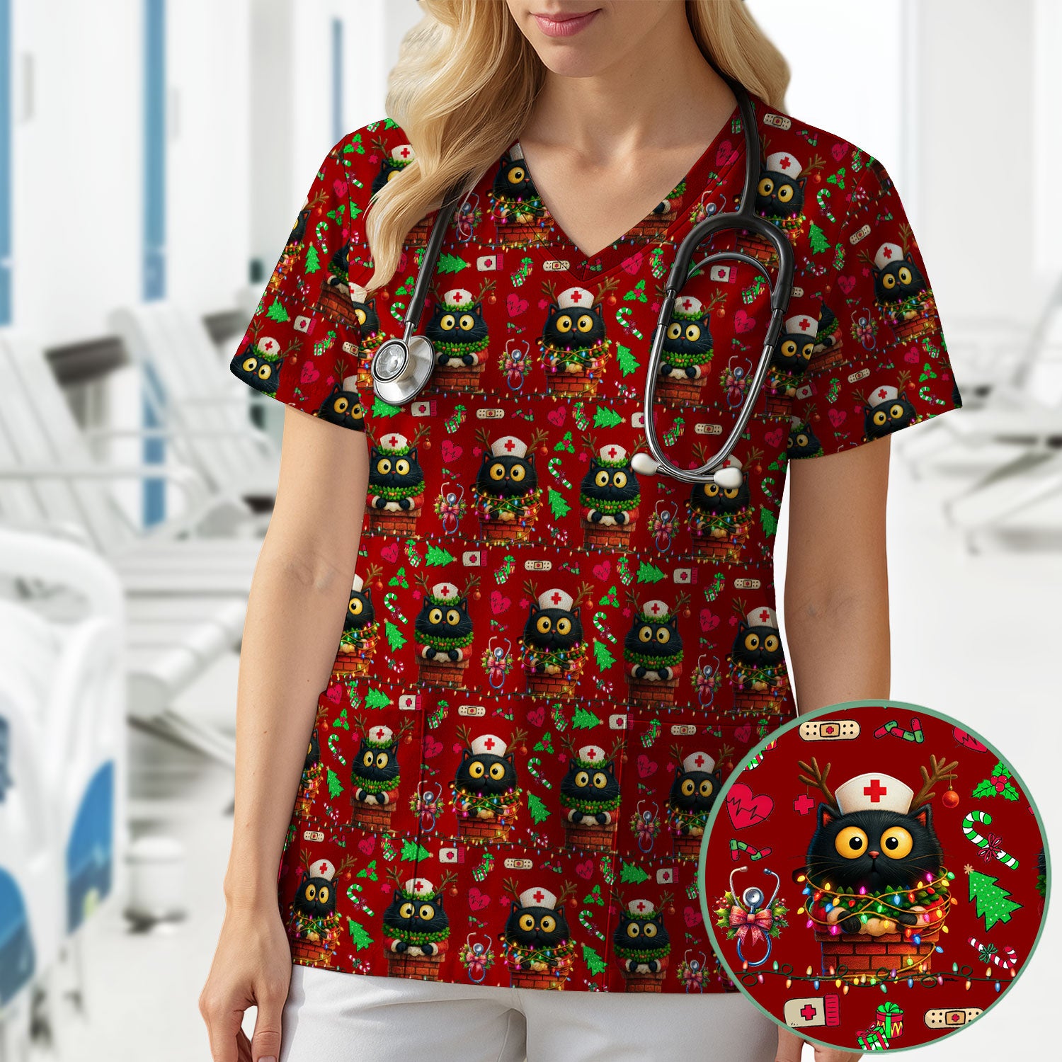 Christmas Black Cat Scrub Top for Nurse - Cute Reindeer Cat with Xmas Lights - Festive Holiday Medical Uniform for Women