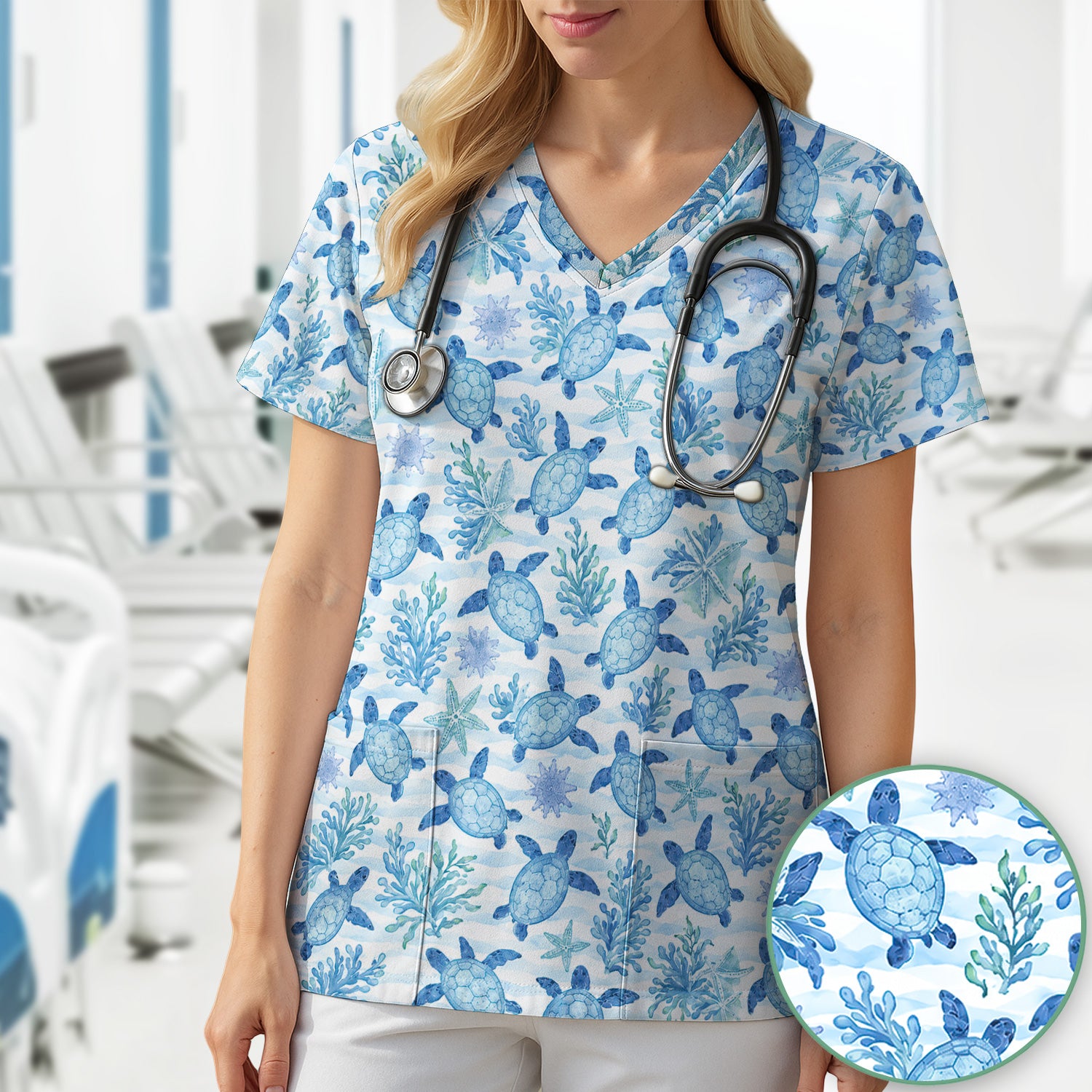 Cute Coastal Sea Turtle Coral Pattern Scrub Top, Comfortable Scrubs for Nurses