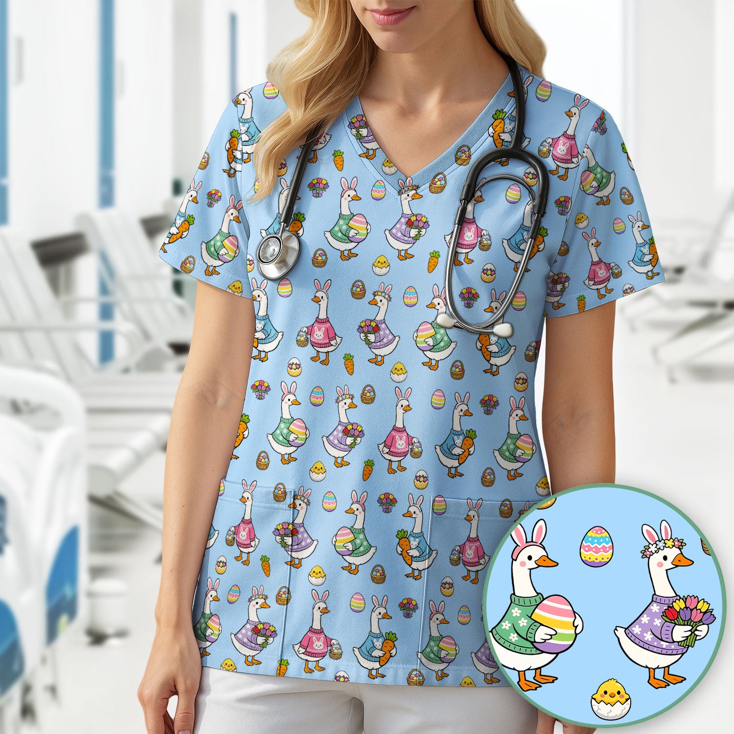 Cute Easter Goose Pattern Scrub Top, Breathable Fabrics Nursing Uniform