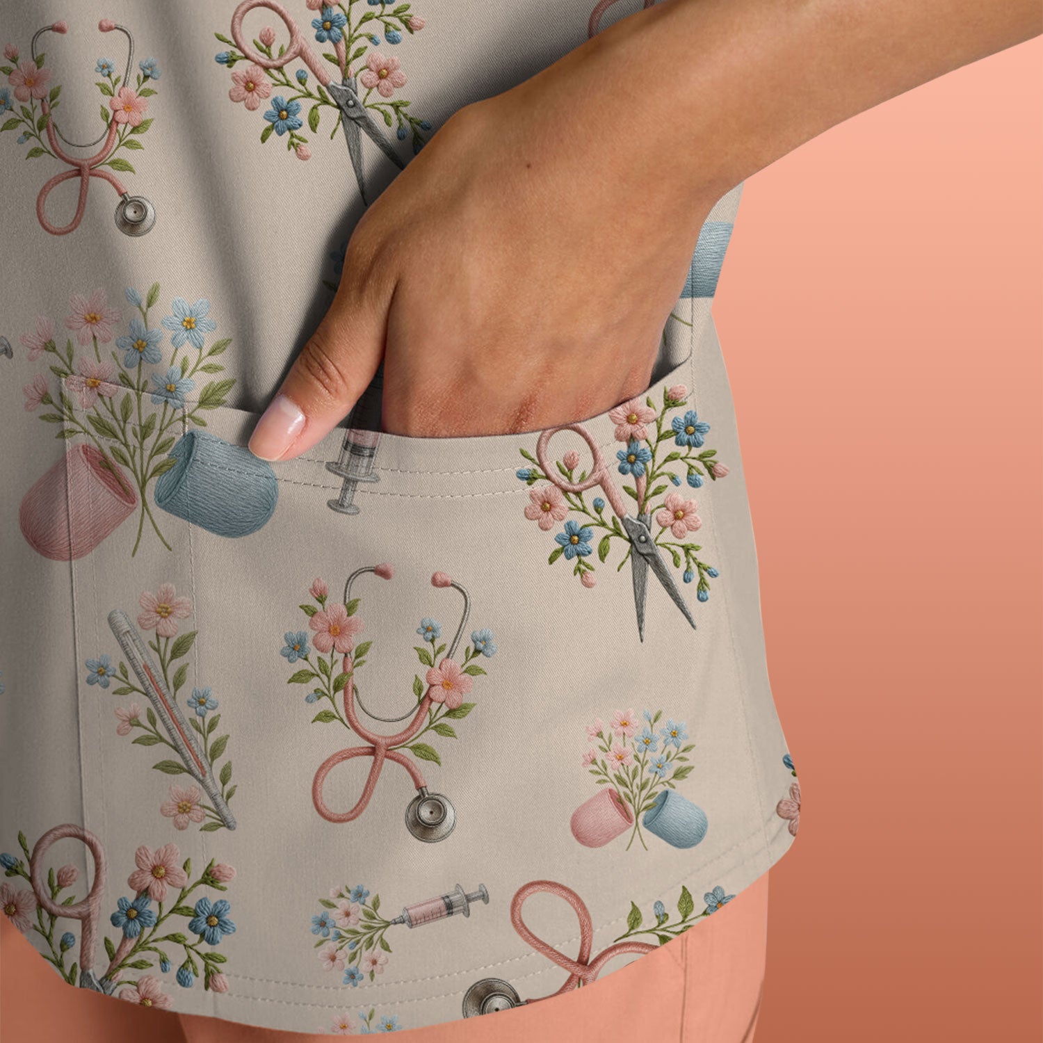 Floral Medical Scrub Top, Elegant Stethoscope With Flower Nursing Shirt, Breathable Fabrics Nurse Uniform