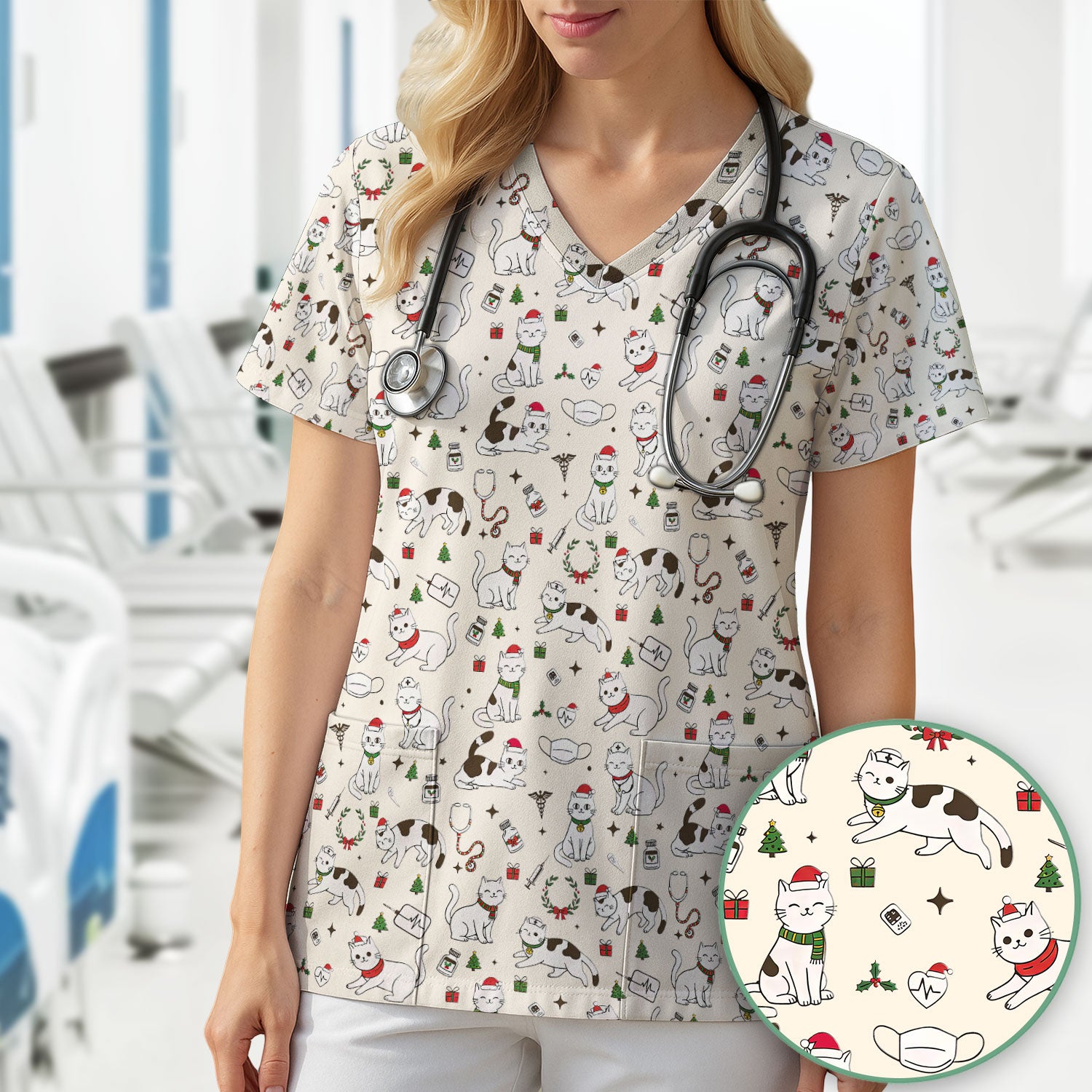 Christmas Cat Scrub Top – Festive Nurse & Holiday Kitty Pattern – Cute Medical Uniform for Nurses, Vets and Healthcare Workers