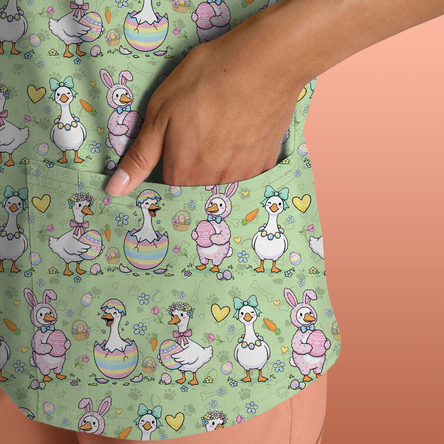 Pastel Easter Goose Bunny Egg Pattern Scrub Top, Comfortable Scrubs for Nurses