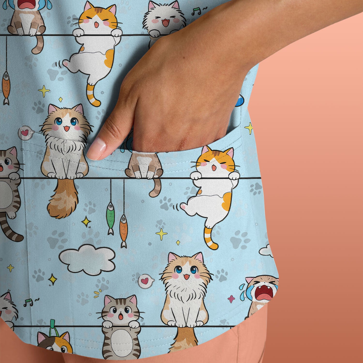 Funny Cats With Cute Expressions Pattern Scrubs Top, Comfortable Scrubs for Nurses