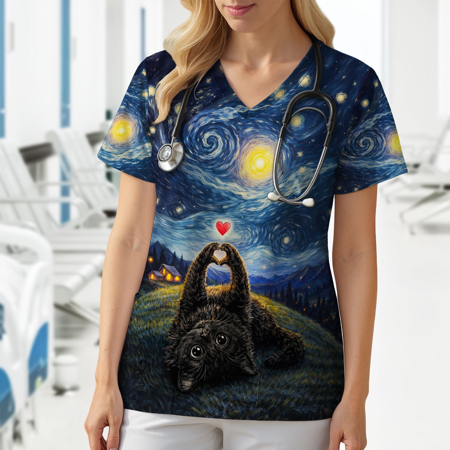 Starry Night Black Cat Heart Art Scrub Top, Breathable Fabrics Nursing Uniform