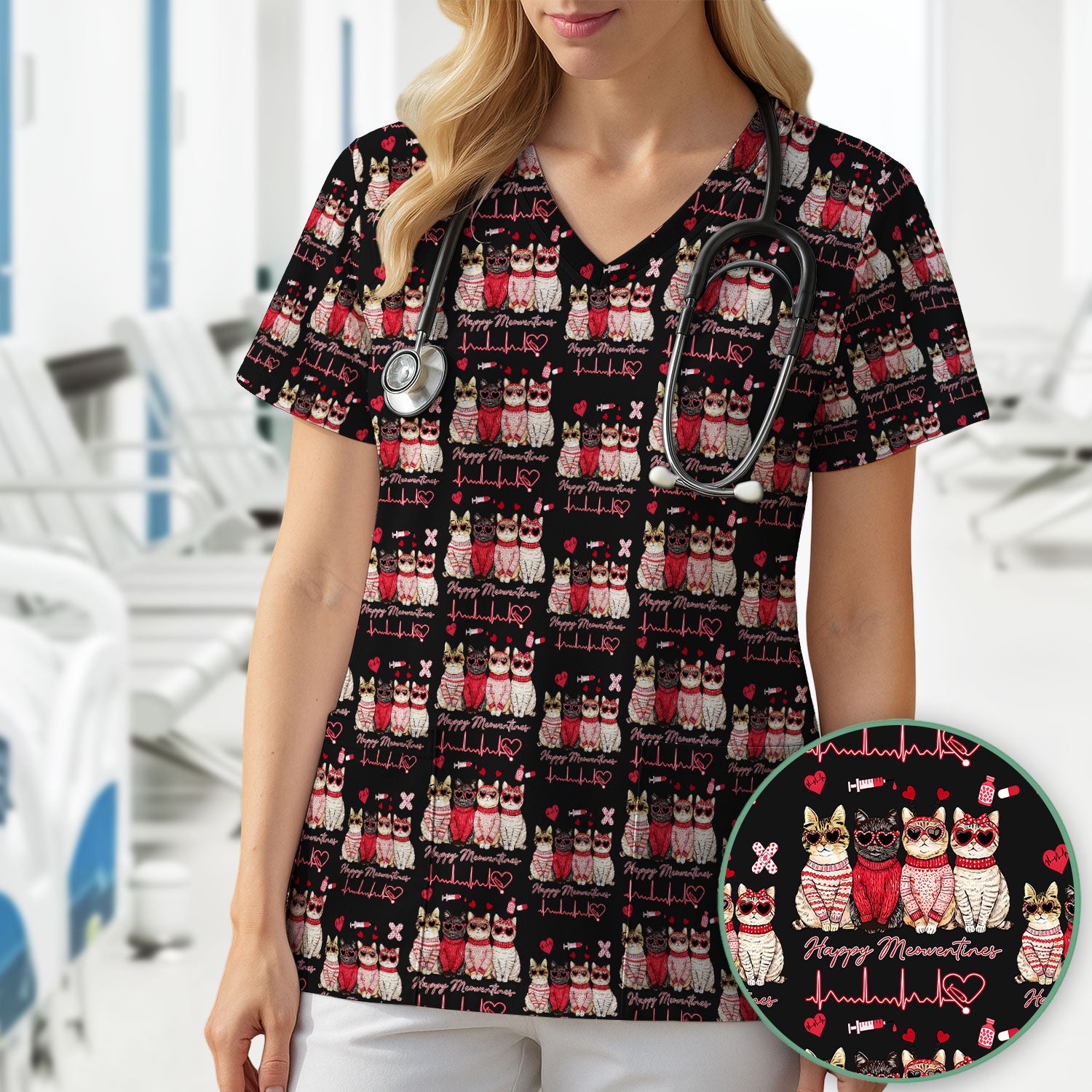 Happy Meowtines Cat Pattern Scrub Top, Valentine Cat Lover Nurse Scrub Shirt, Heartbeat Medical Pattern Nursing Uniform