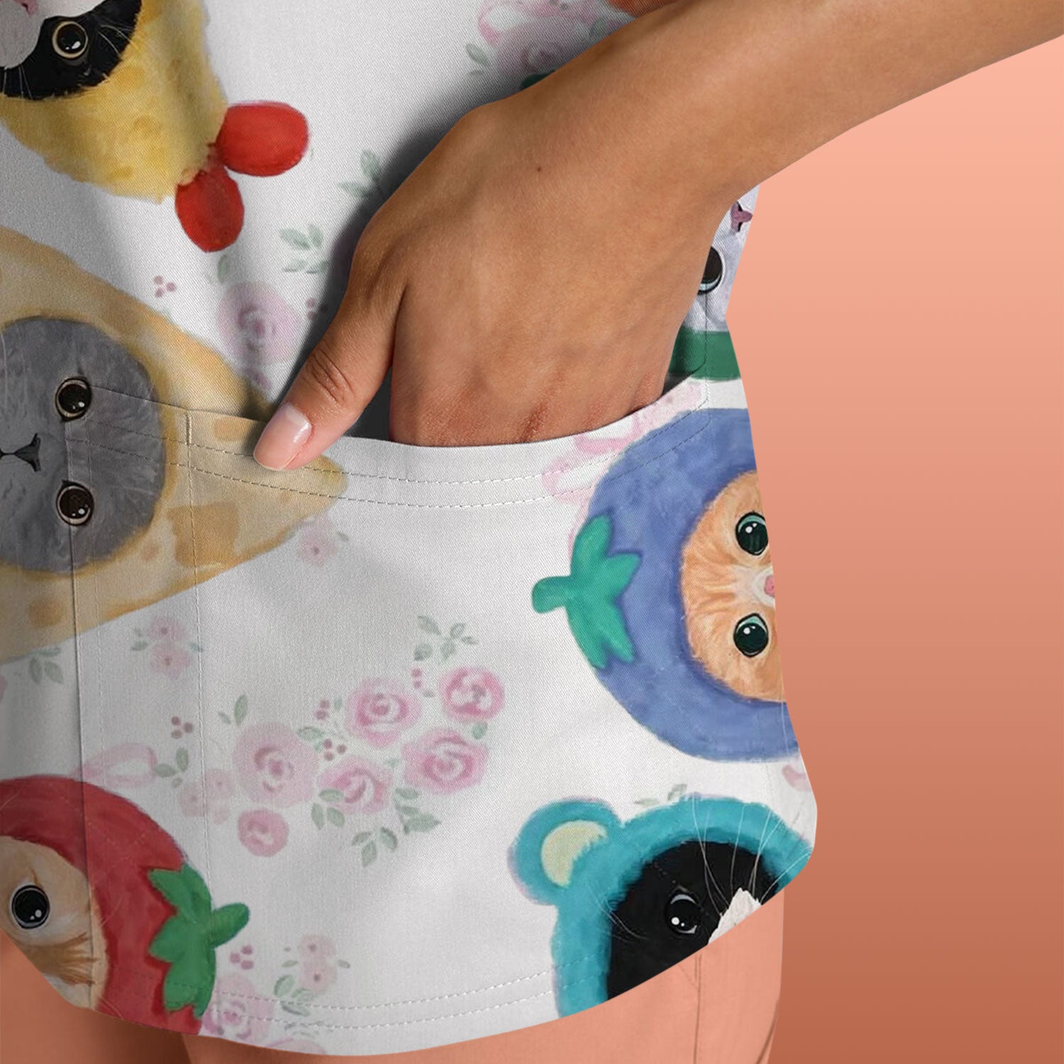 Funny Cartoon Cat Print Scrub Top, Nurse Healthcare Workwear