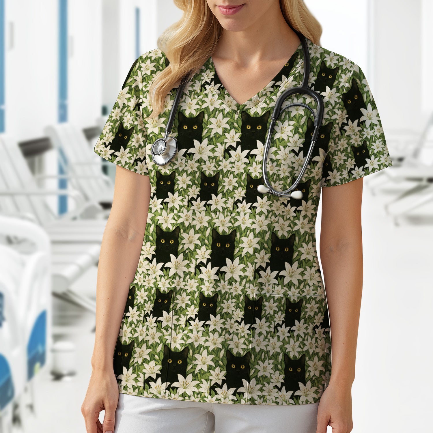 Black Cat Hidden In Lily Garden Pattern Scrub Top, Comfortable Scrubs for Nurses
