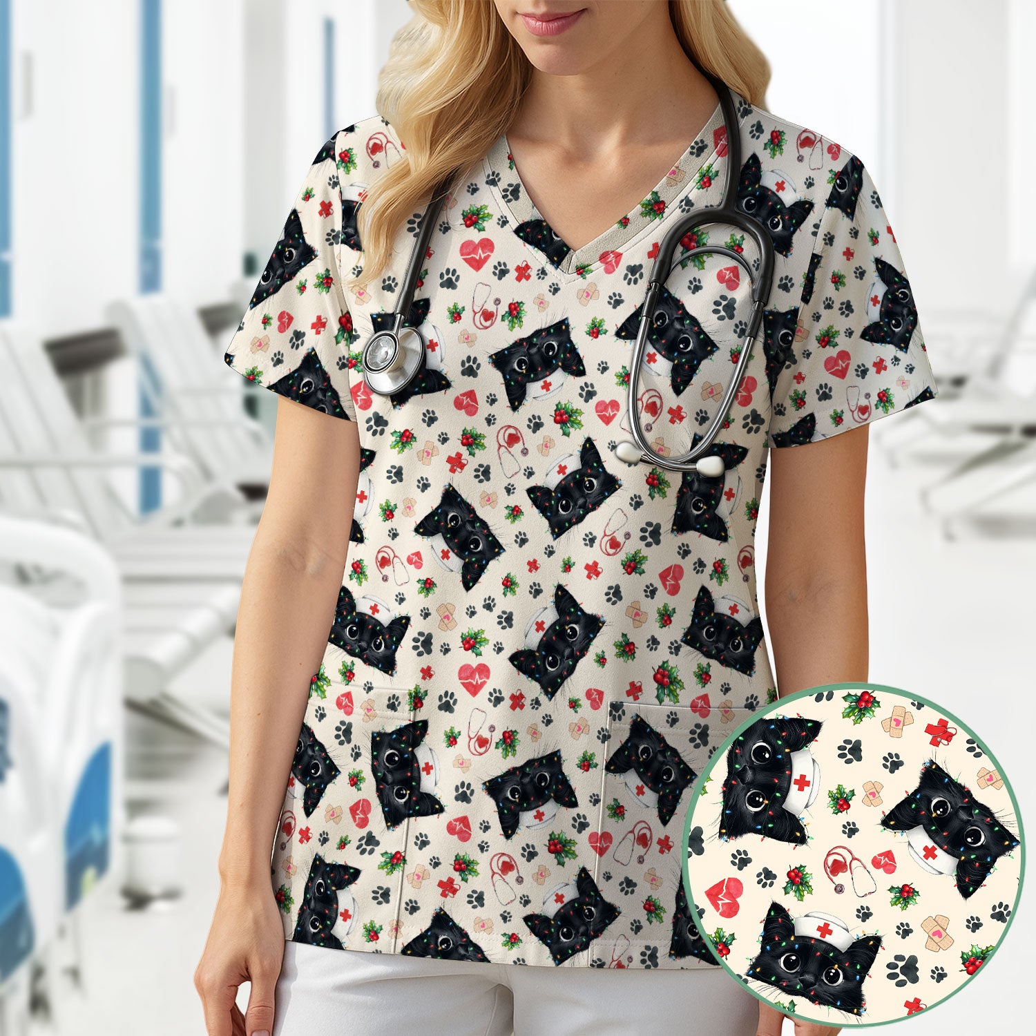 Black Cat Scrub Top for Nurse - Cute Kittens Christmas Medical Uniform - Funny Holiday Gift for Women